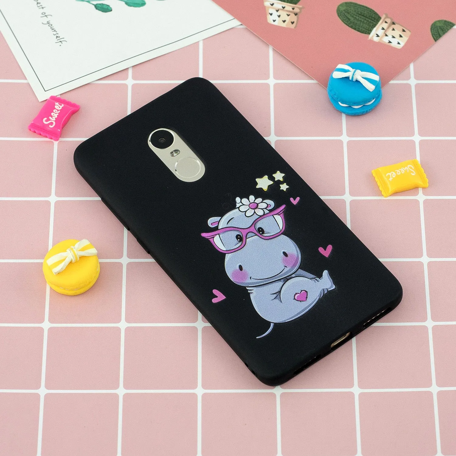 For Redmi note 4X/NOTE 4 Cartoon Lovely Coloured Painted Soft TPU Back Cover Non-slip Shockproof Full Protective Case with Lanyard black