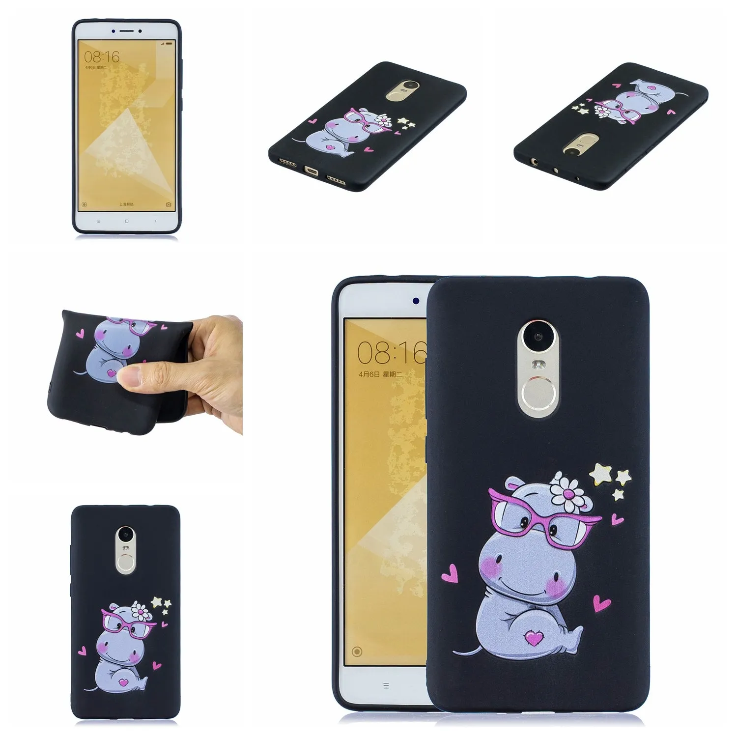 For Redmi note 4X/NOTE 4 Cartoon Lovely Coloured Painted Soft TPU Back Cover Non-slip Shockproof Full Protective Case with Lanyard black