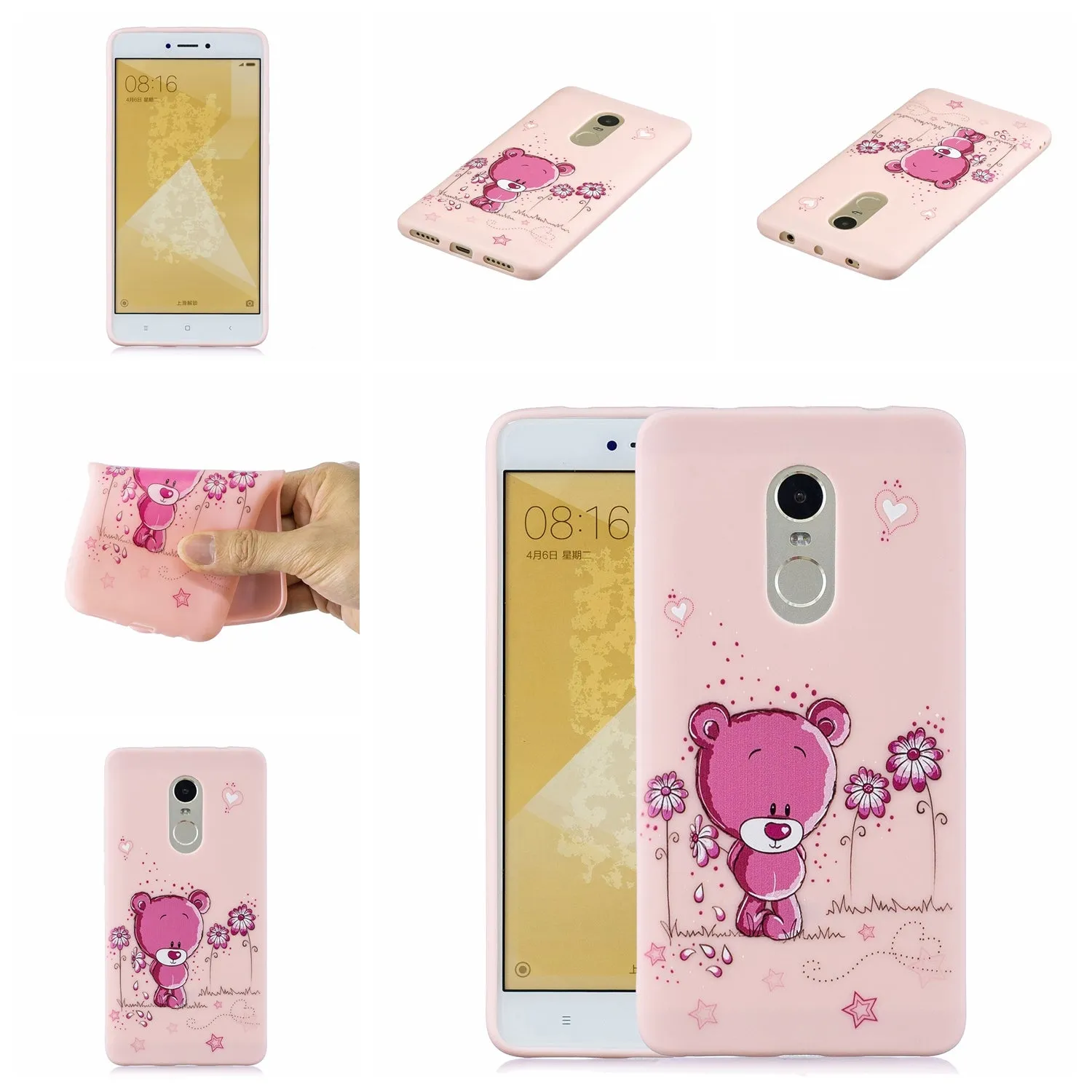 For Redmi note 4X/NOTE 4 Cartoon Lovely Coloured Painted Soft TPU Back Cover Non-slip Shockproof Full Protective Case with Lanyard Light pink