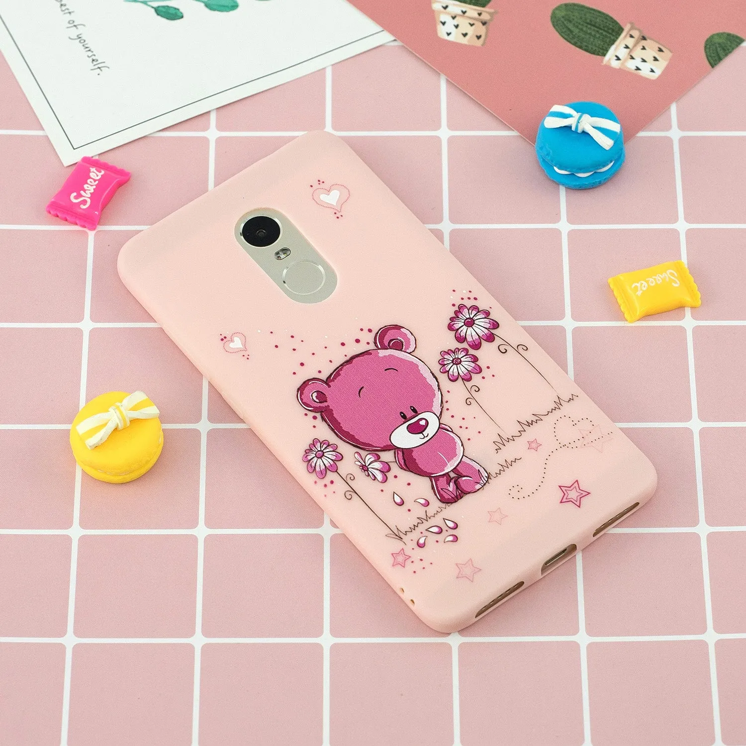 For Redmi note 4X/NOTE 4 Cartoon Lovely Coloured Painted Soft TPU Back Cover Non-slip Shockproof Full Protective Case with Lanyard Light pink