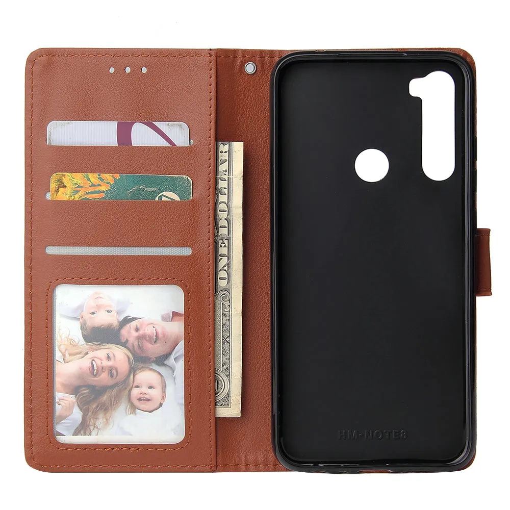 For Redmi NOTE 8 PU Leather Front Putton Protective Phone Case with 3 Cards Bracket brown