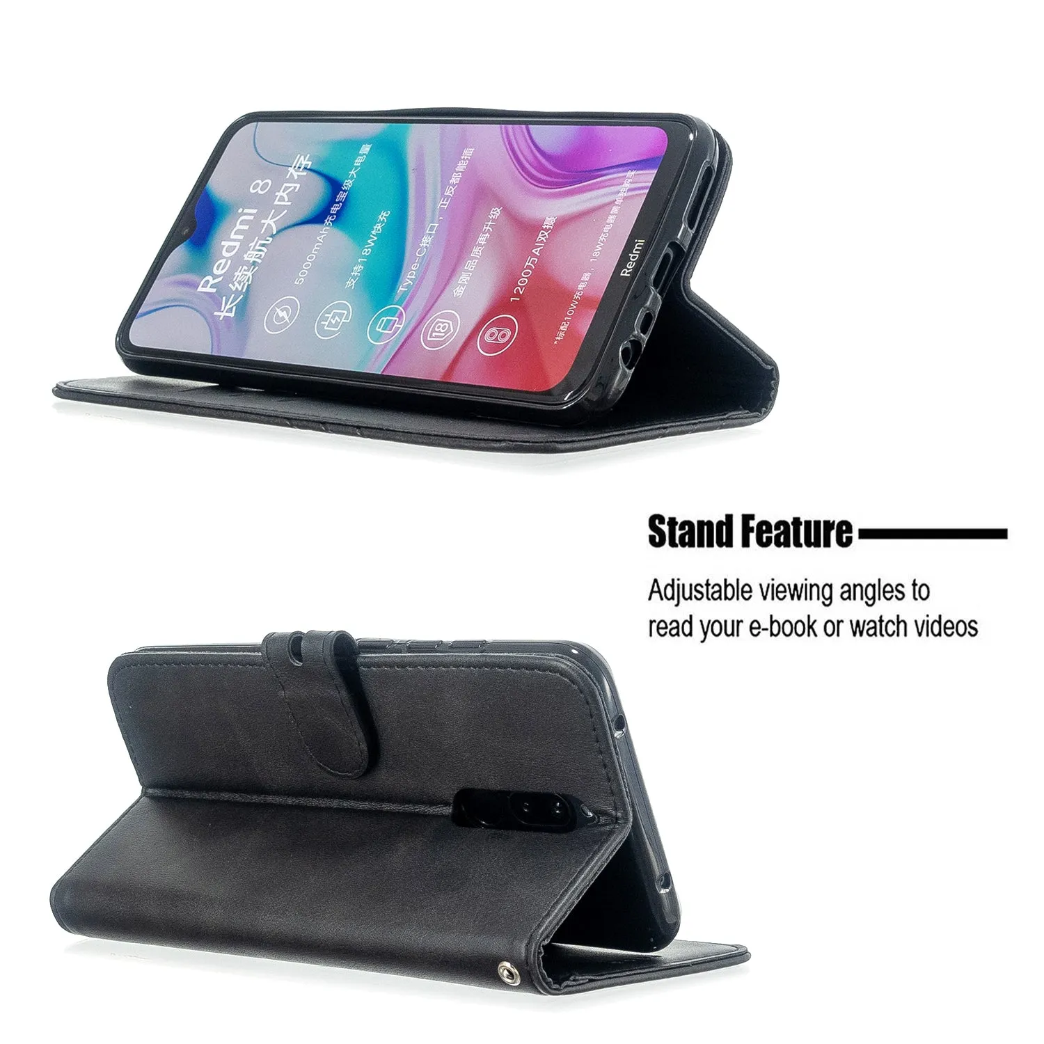 For Redmi Note 8T/Redmi 8/Redmi 8A Case Soft Leather Cover with Denim Texture Precise Cutouts Wallet Design Buckle Closure Smartphone Shell  black