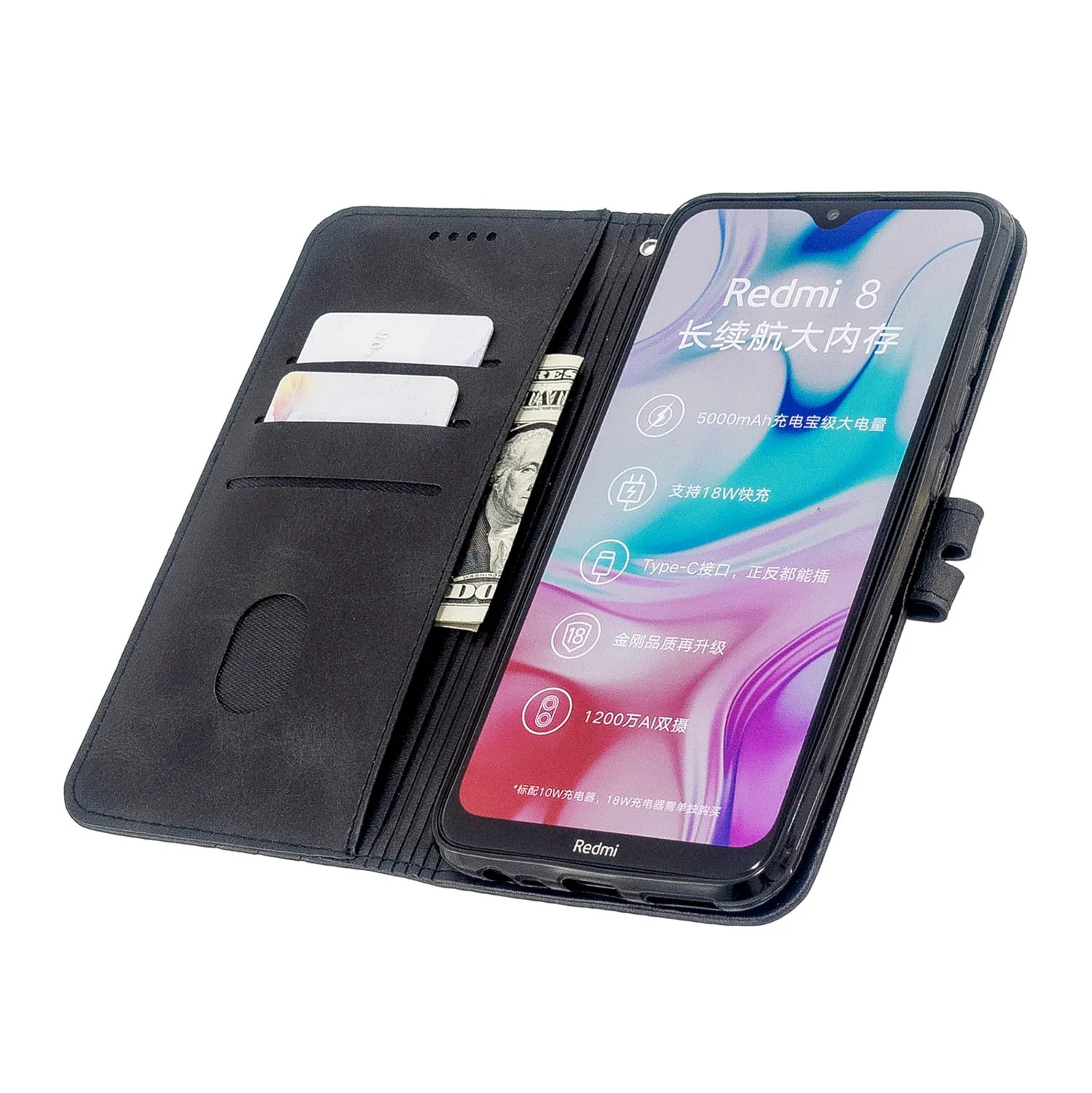 For Redmi Note 8T/Redmi 8/Redmi 8A Case Soft Leather Cover with Denim Texture Precise Cutouts Wallet Design Buckle Closure Smartphone Shell  black