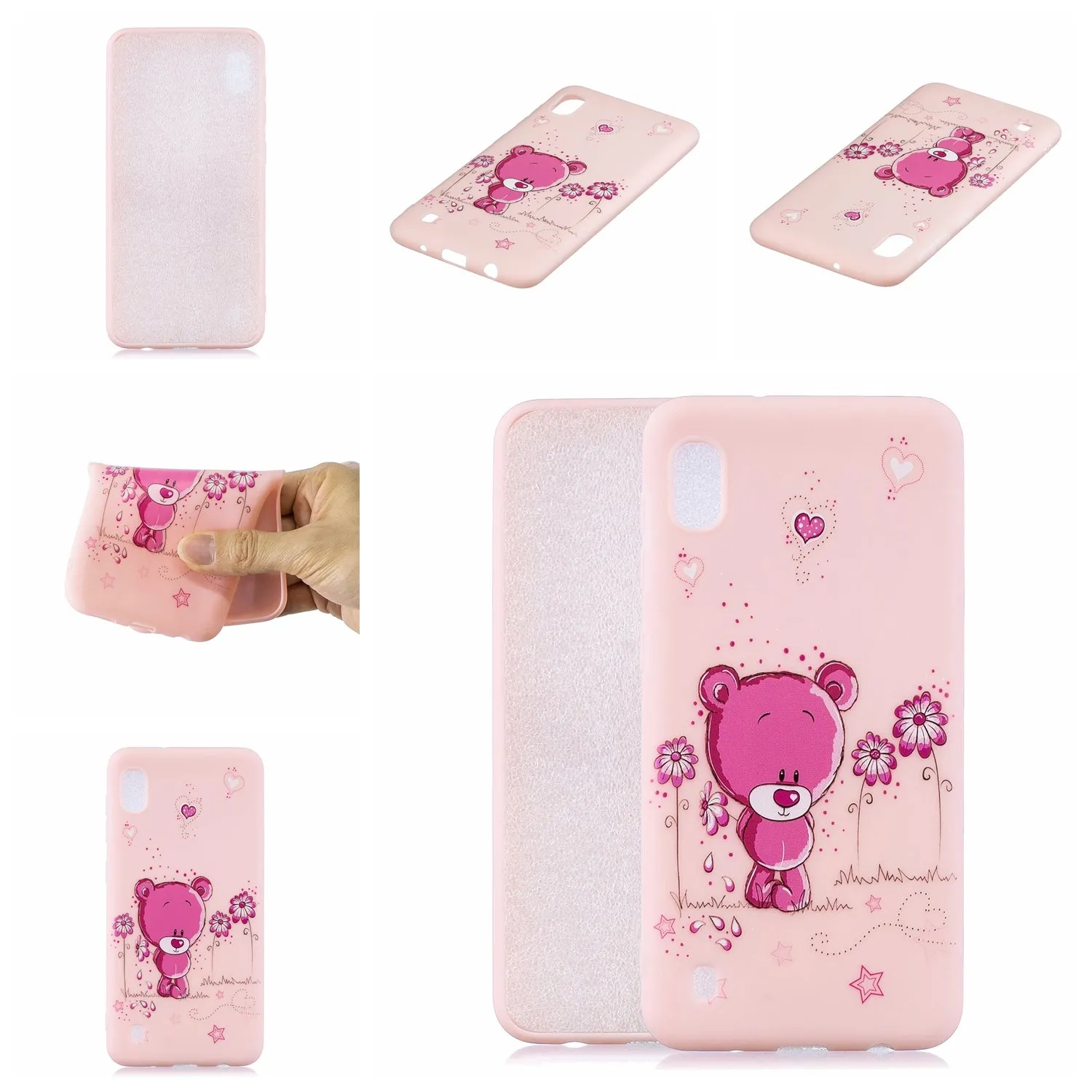 For Samsung A10 Cartoon Lovely Coloured Painted Soft TPU Back Cover Non-slip Shockproof Full Protective Case with Lanyard Light pink