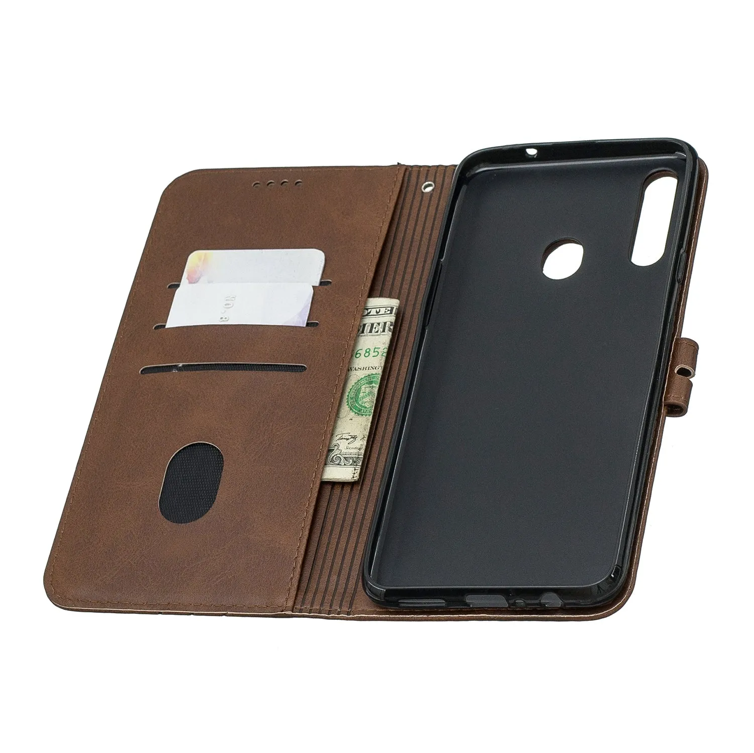 For Samsung A10S A20S Solid Color Denim Texture Front Clasp Bracket Leather Mobile Phone Cover brown