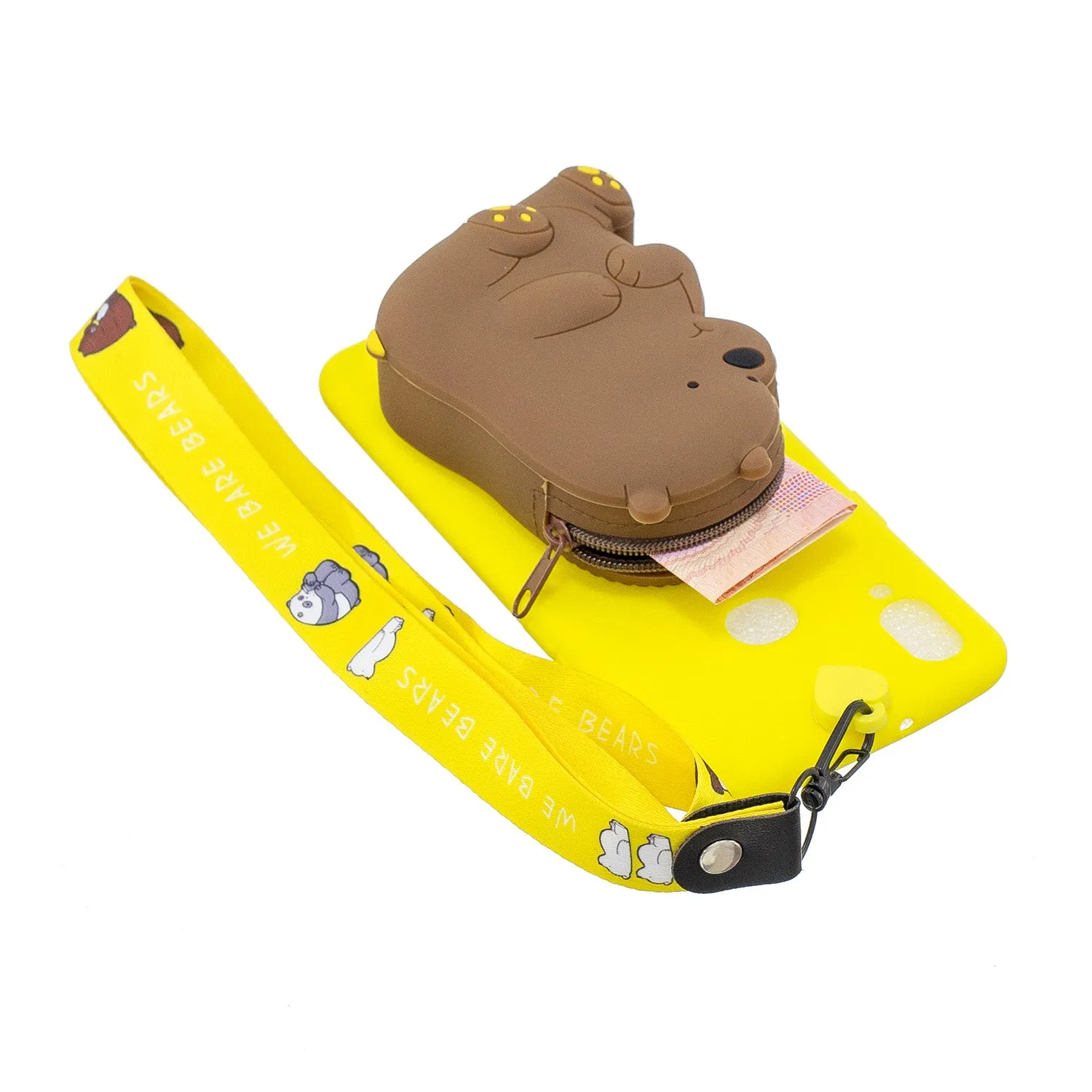 For Samsung A10S A20S TPU Full Protective Cartoon Mobile Phone Cover with Coin Purse Hanging Lanyard 1 yellow brown bear