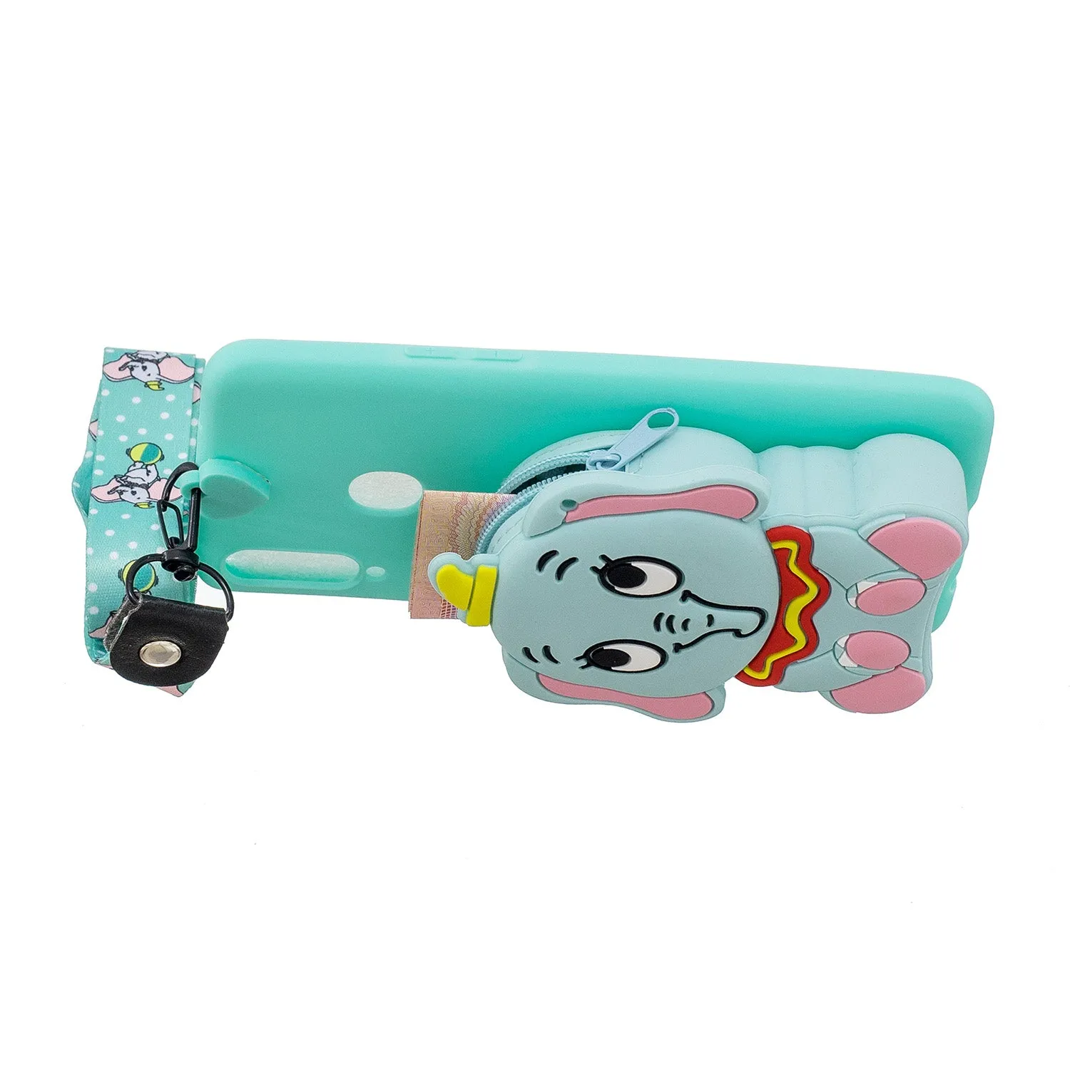For Samsung A10S A20S TPU Full Protective Cartoon Mobile Phone Cover with Coin Purse Hanging Lanyard 2 light blue elephant