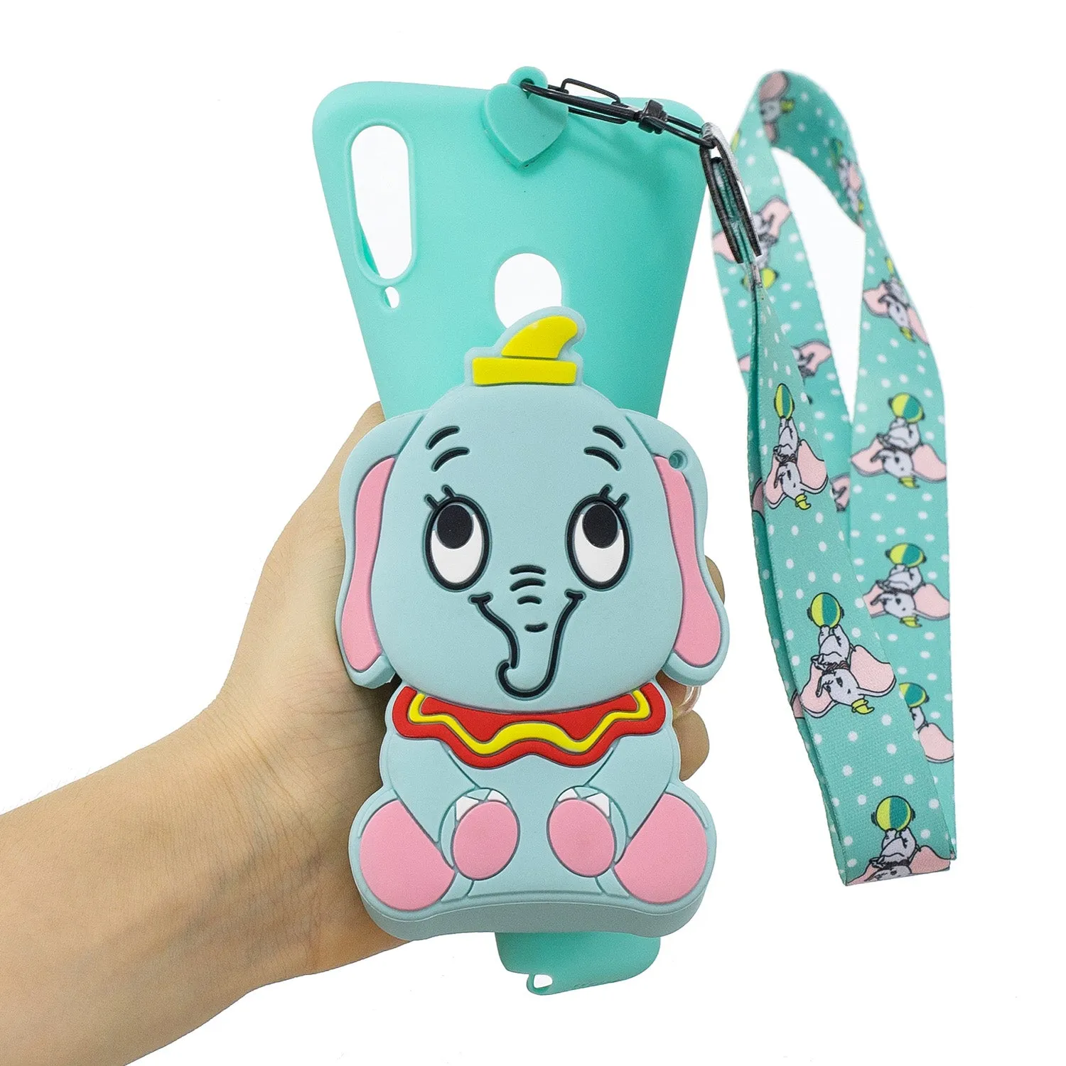 For Samsung A10S A20S TPU Full Protective Cartoon Mobile Phone Cover with Coin Purse Hanging Lanyard 2 light blue elephant