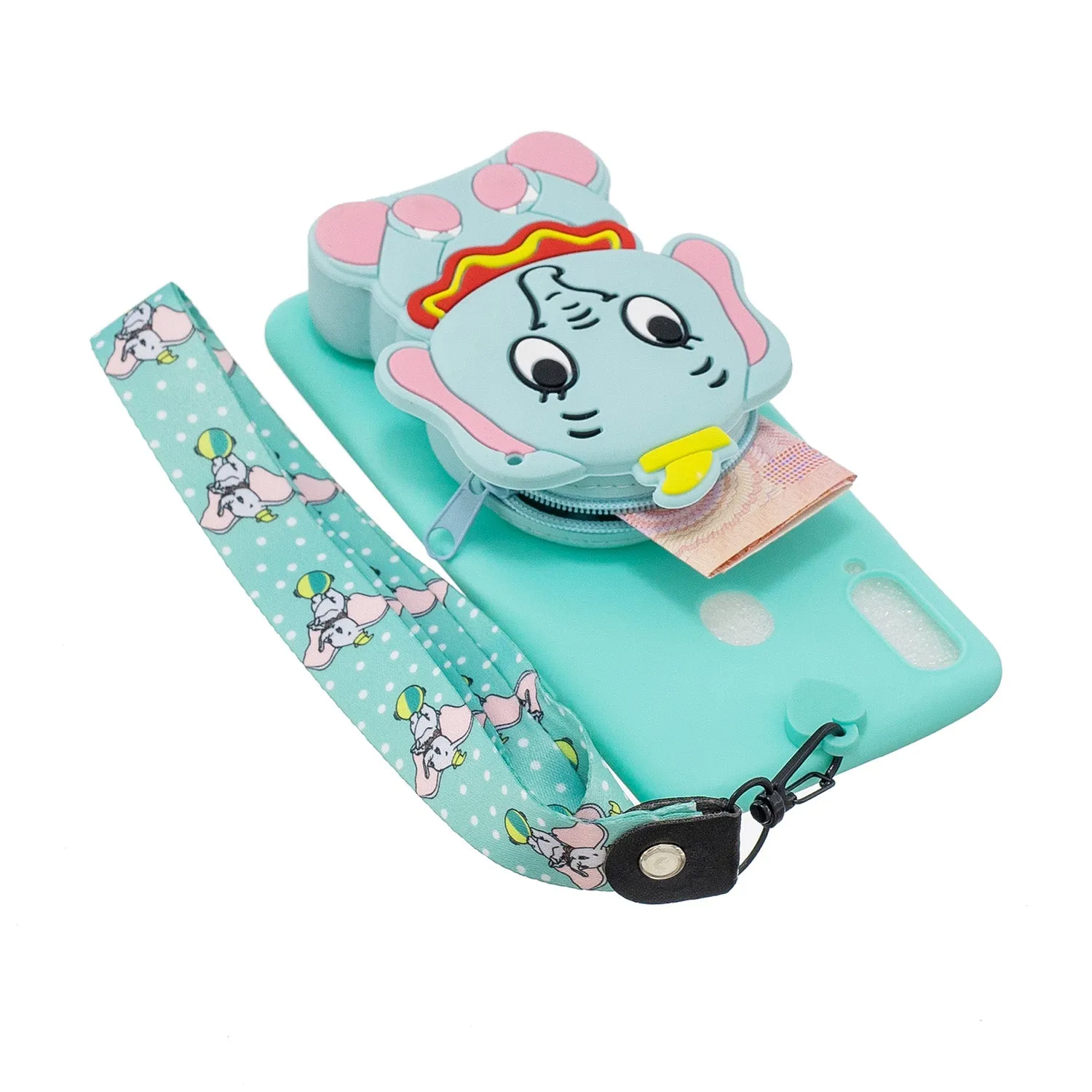 For Samsung A10S A20S TPU Full Protective Cartoon Mobile Phone Cover with Coin Purse Hanging Lanyard 2 light blue elephant