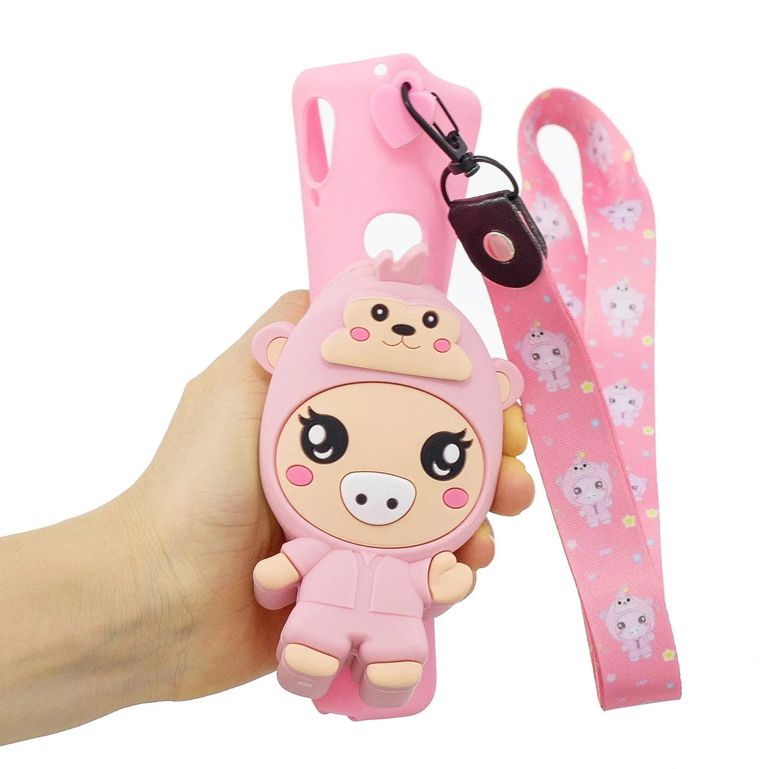For Samsung A10S A20S TPU Full Protective Cartoon Mobile Phone Cover with Coin Purse Hanging Lanyard 3 deep pink piglets