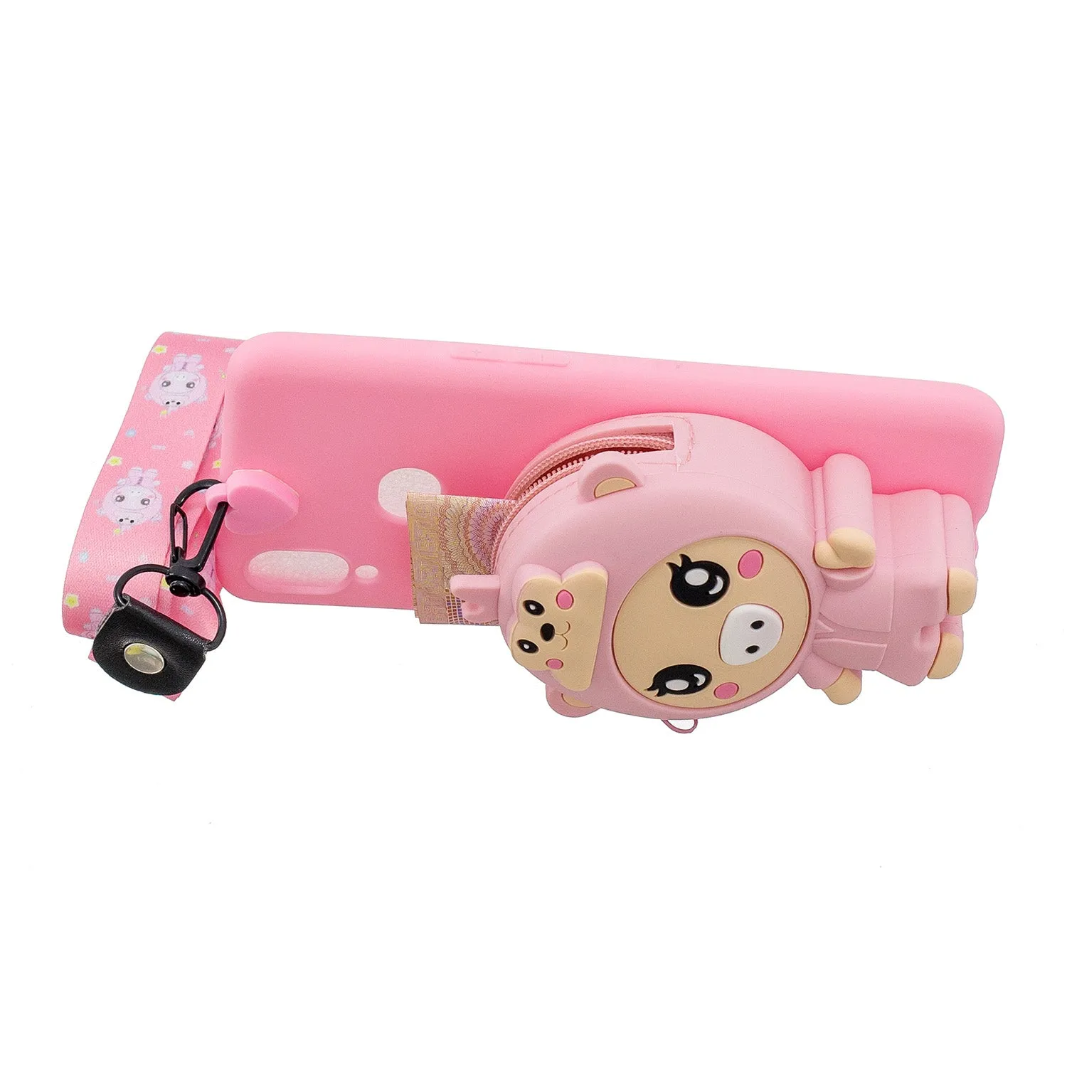 For Samsung A10S A20S TPU Full Protective Cartoon Mobile Phone Cover with Coin Purse Hanging Lanyard 3 deep pink piglets