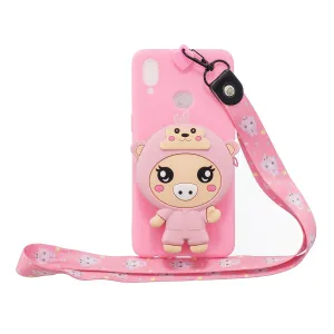 For Samsung A10S A20S TPU Full Protective Cartoon Mobile Phone Cover with Coin Purse Hanging Lanyard 3 deep pink piglets