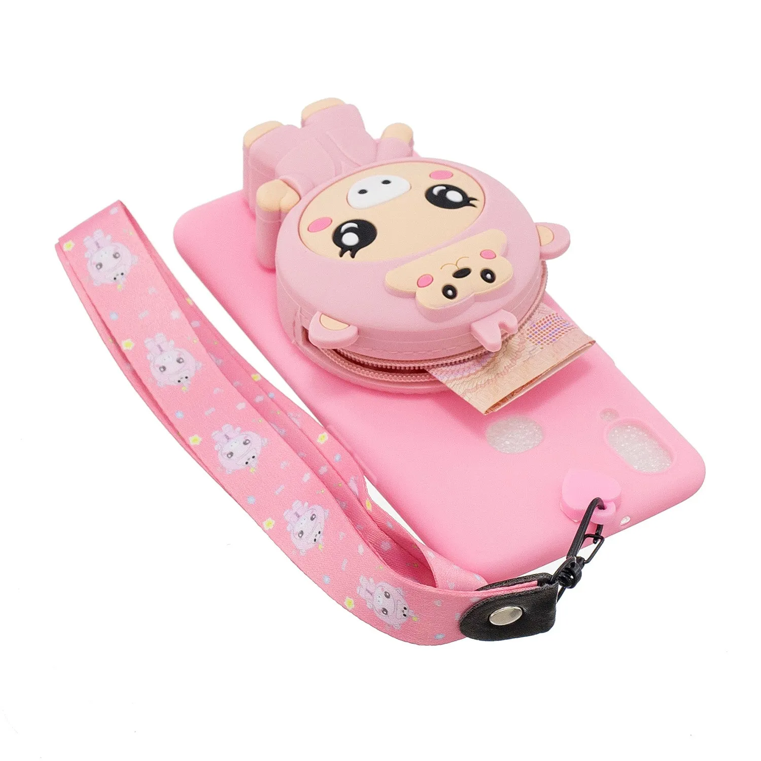 For Samsung A10S A20S TPU Full Protective Cartoon Mobile Phone Cover with Coin Purse Hanging Lanyard 3 deep pink piglets