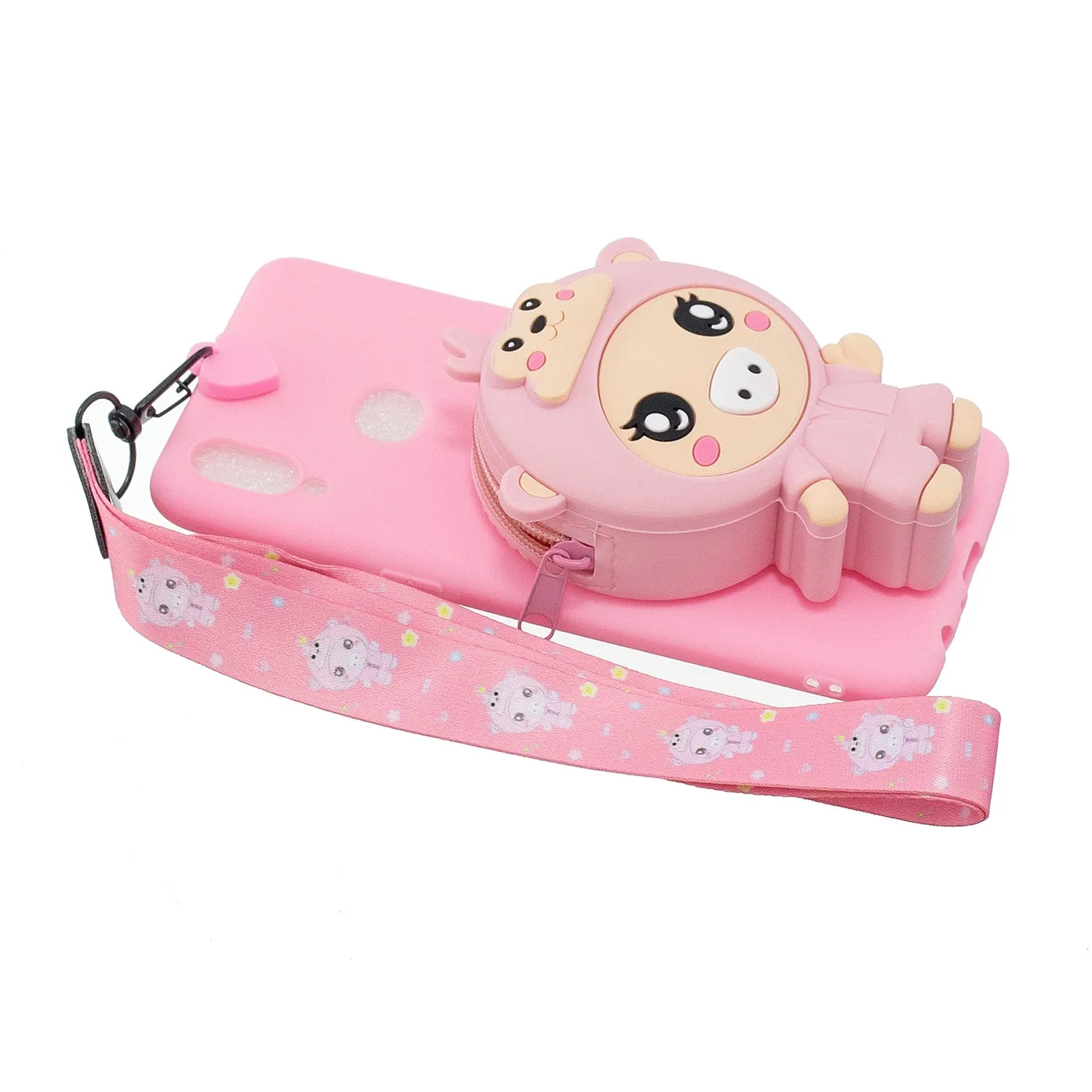 For Samsung A10S A20S TPU Full Protective Cartoon Mobile Phone Cover with Coin Purse Hanging Lanyard 3 deep pink piglets