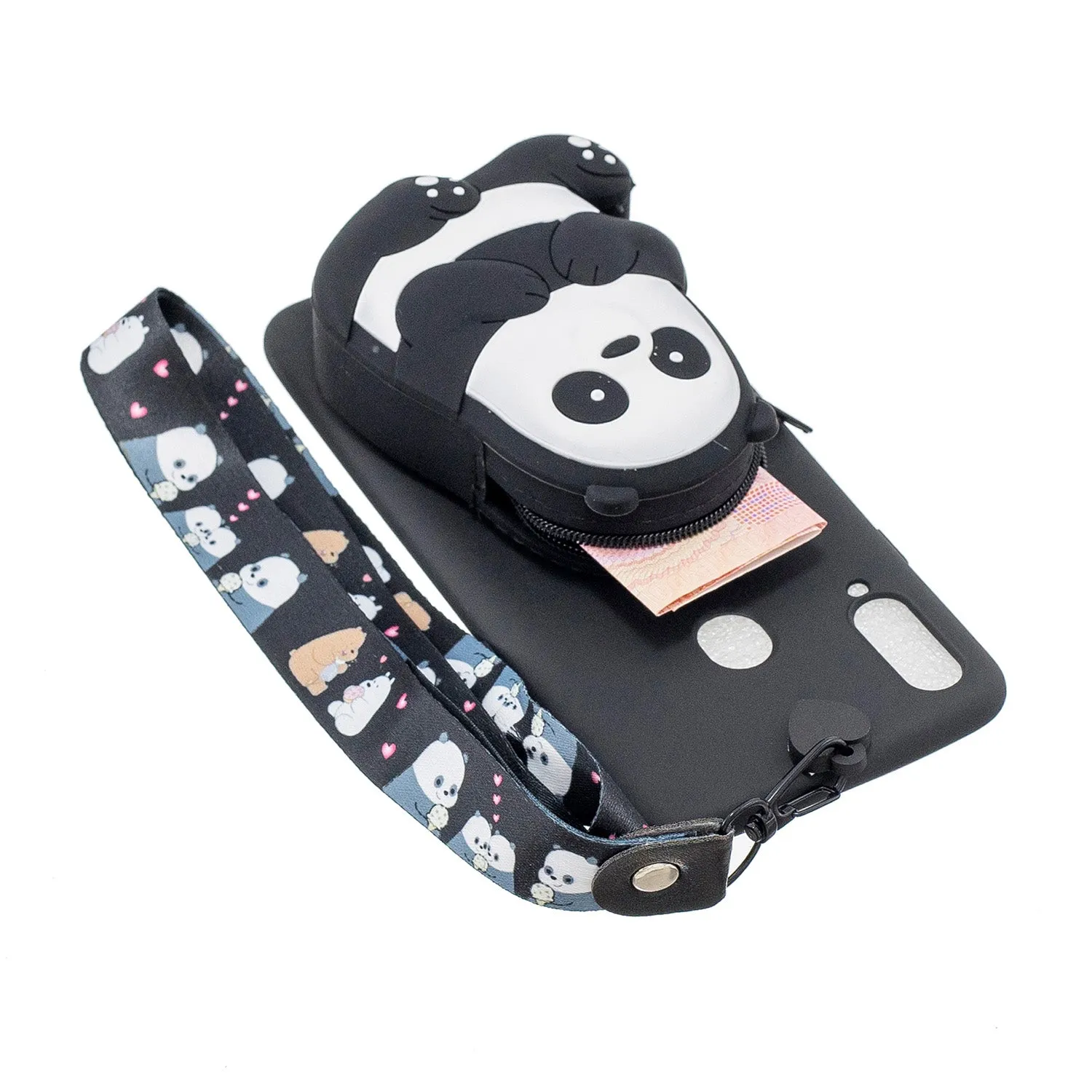 For Samsung A10S A20S TPU Full Protective Cartoon Mobile Phone Cover with Coin Purse Hanging Lanyard 5 black striped bears