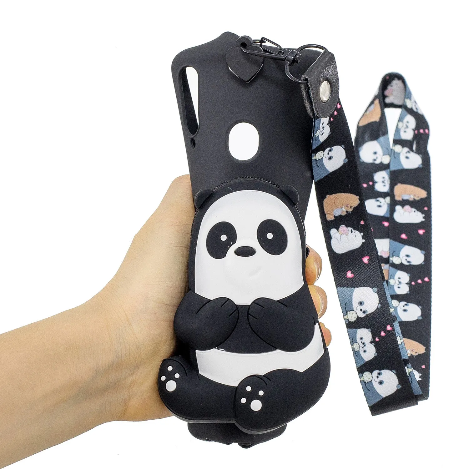 For Samsung A10S A20S TPU Full Protective Cartoon Mobile Phone Cover with Coin Purse Hanging Lanyard 5 black striped bears