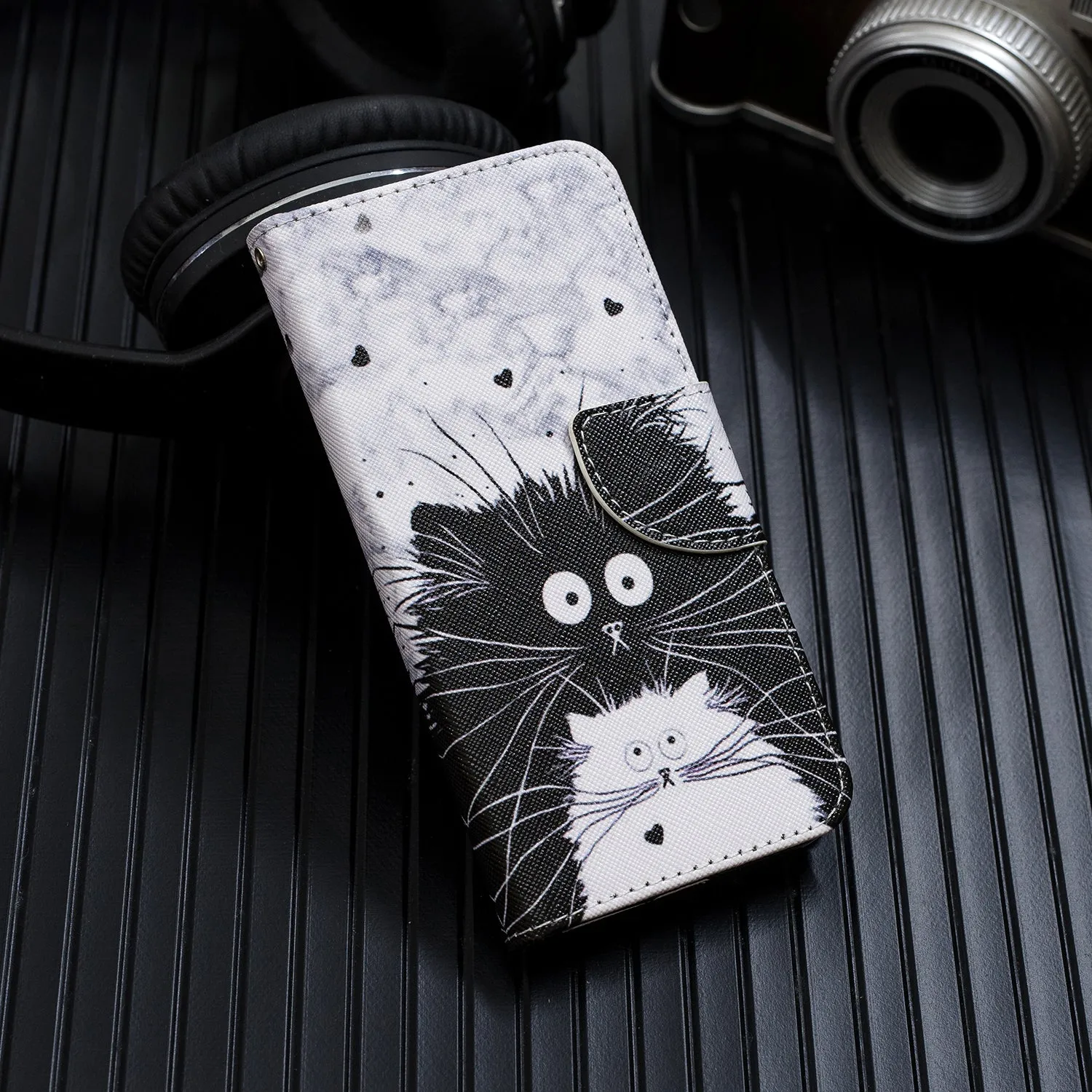 For Samsung A10S/A20S Smartphone Case PU Leather Phone Shell Lovely Cartoon Pattern Card Slots Overall Protection Red lip cat
