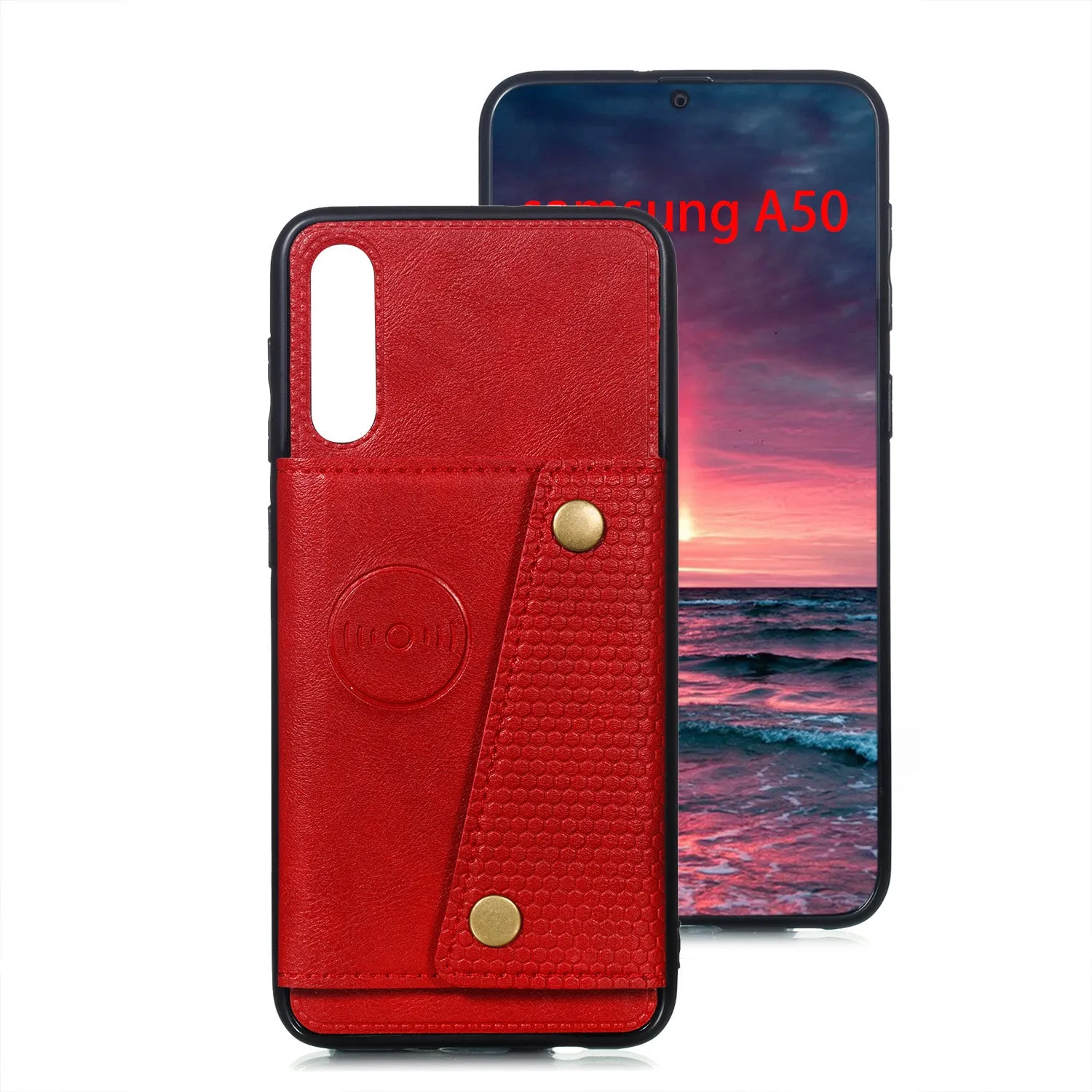 For Samsung A50 Double Buckle Non-slip Shockproof Cell Phone Case with Card Slot Bracket red