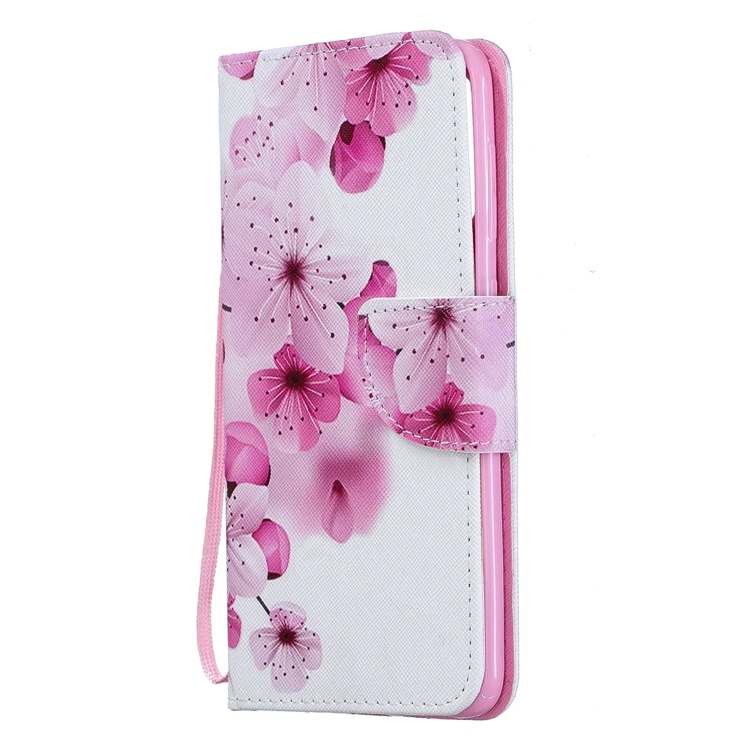 For Samsung A50/A70 Smartphone Case Overall Protective Phone Shell Lovely PU Leather Cellphone Cover with Card Slots  peach blossom