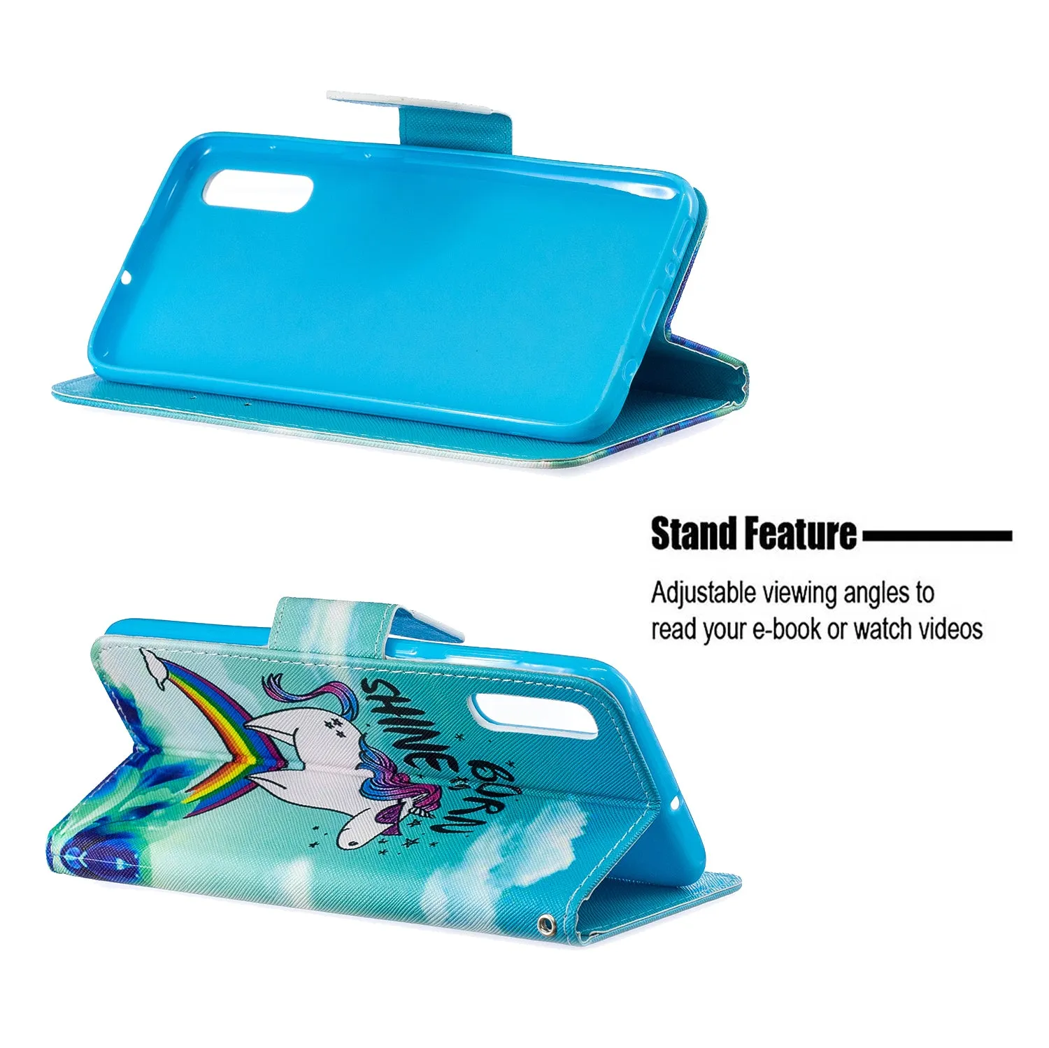 For Samsung A50/A70 Smartphone Case Overall Protective Phone Shell Lovely PU Leather Cellphone Cover with Card Slots  Rainbow horse