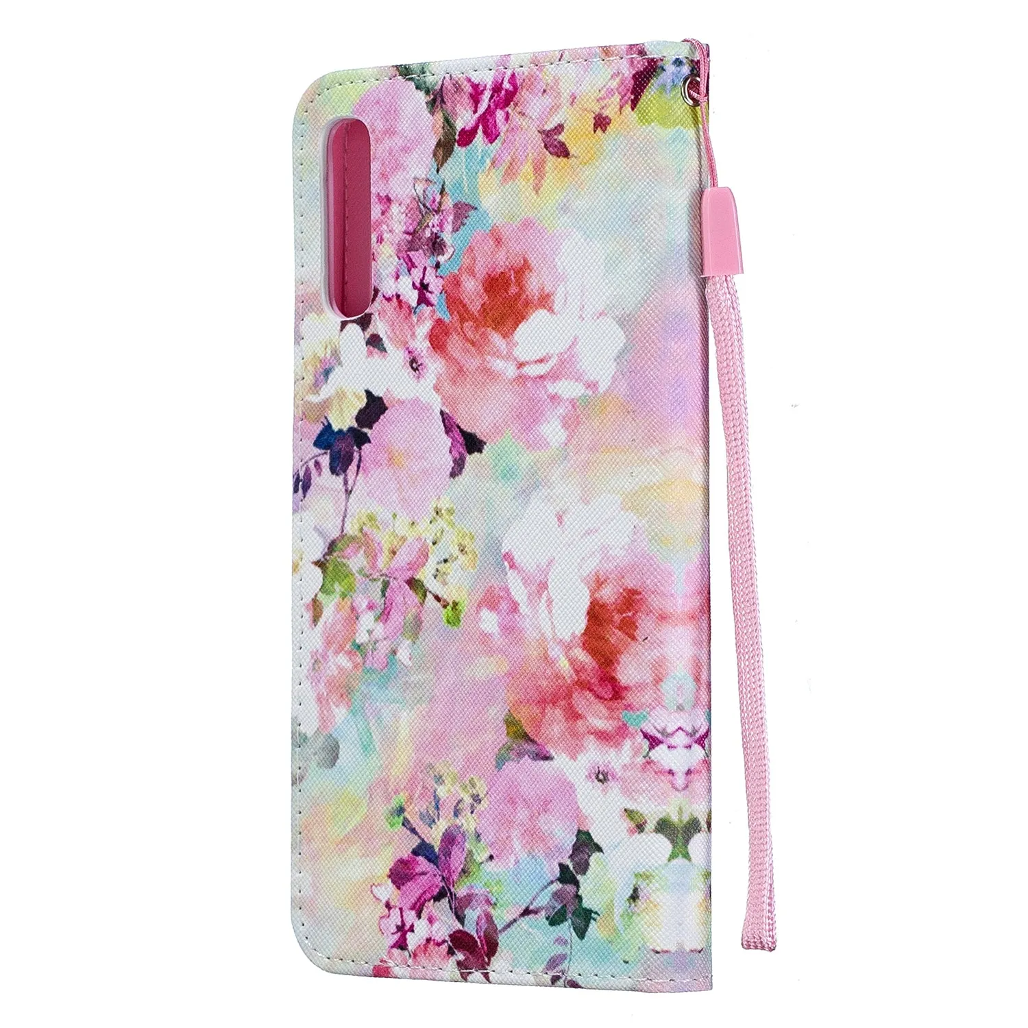 For Samsung A50/A70 Smartphone Case Overall Protective Phone Shell Lovely PU Leather Cellphone Cover with Card Slots  Watercolor flower