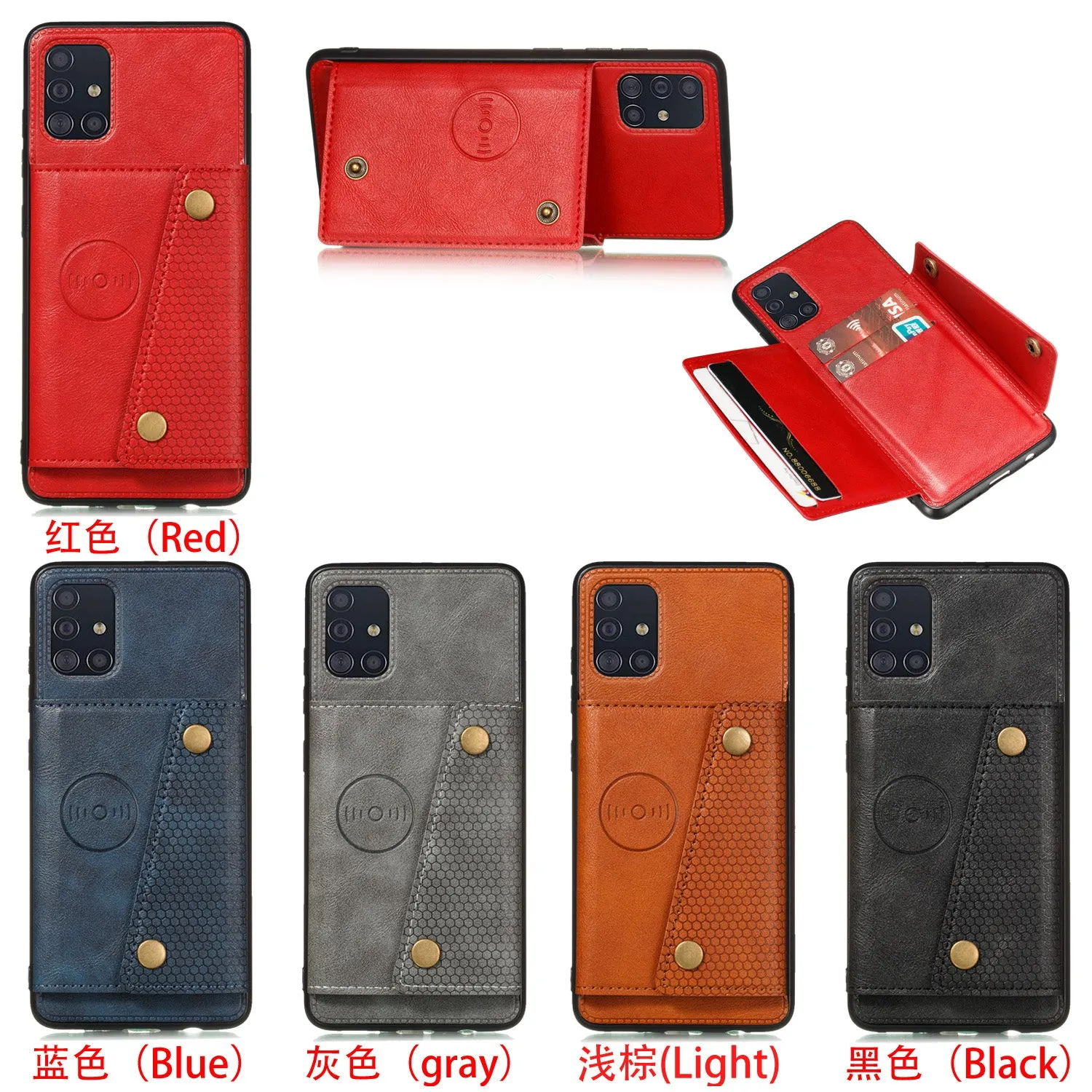 For Samsung A51 Cellphone Cover Back Case Double Buckle PU Leather with Card Slots Shell black