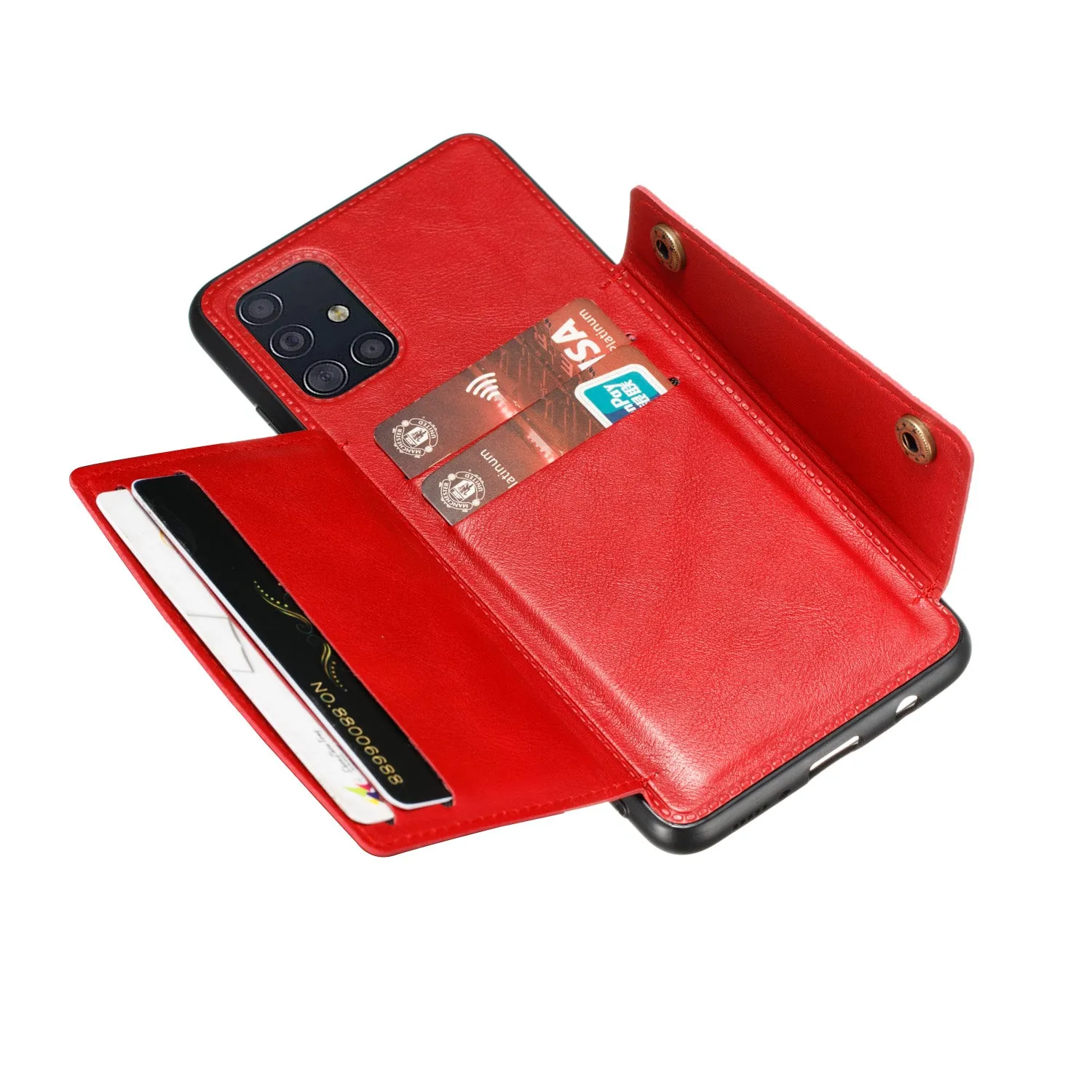 For Samsung A51 Cellphone Cover Back Case Double Buckle PU Leather with Card Slots Shell black