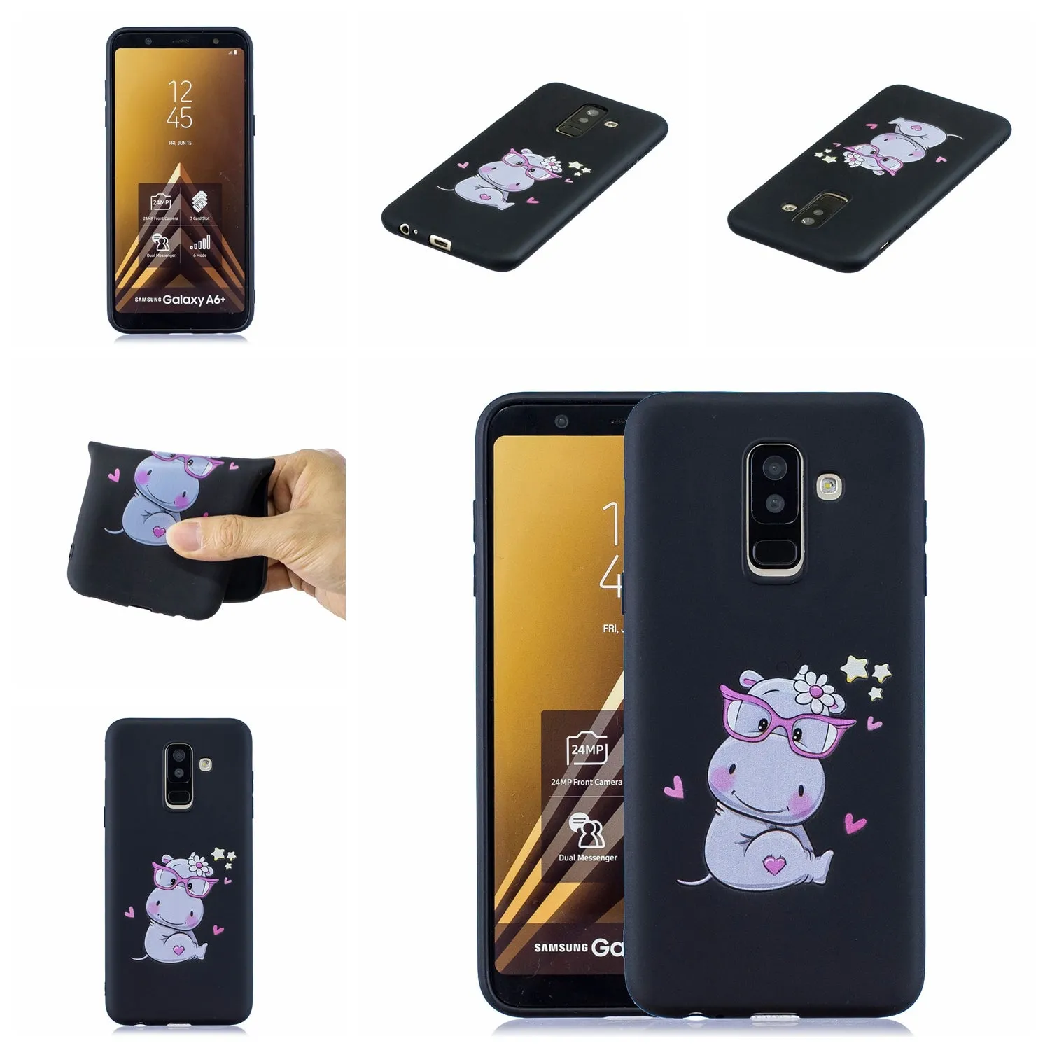 For Samsung A6 plus 2018 Cute Coloured Painted TPU Anti-scratch Non-slip Protective Cover Back Case with Lanyard black