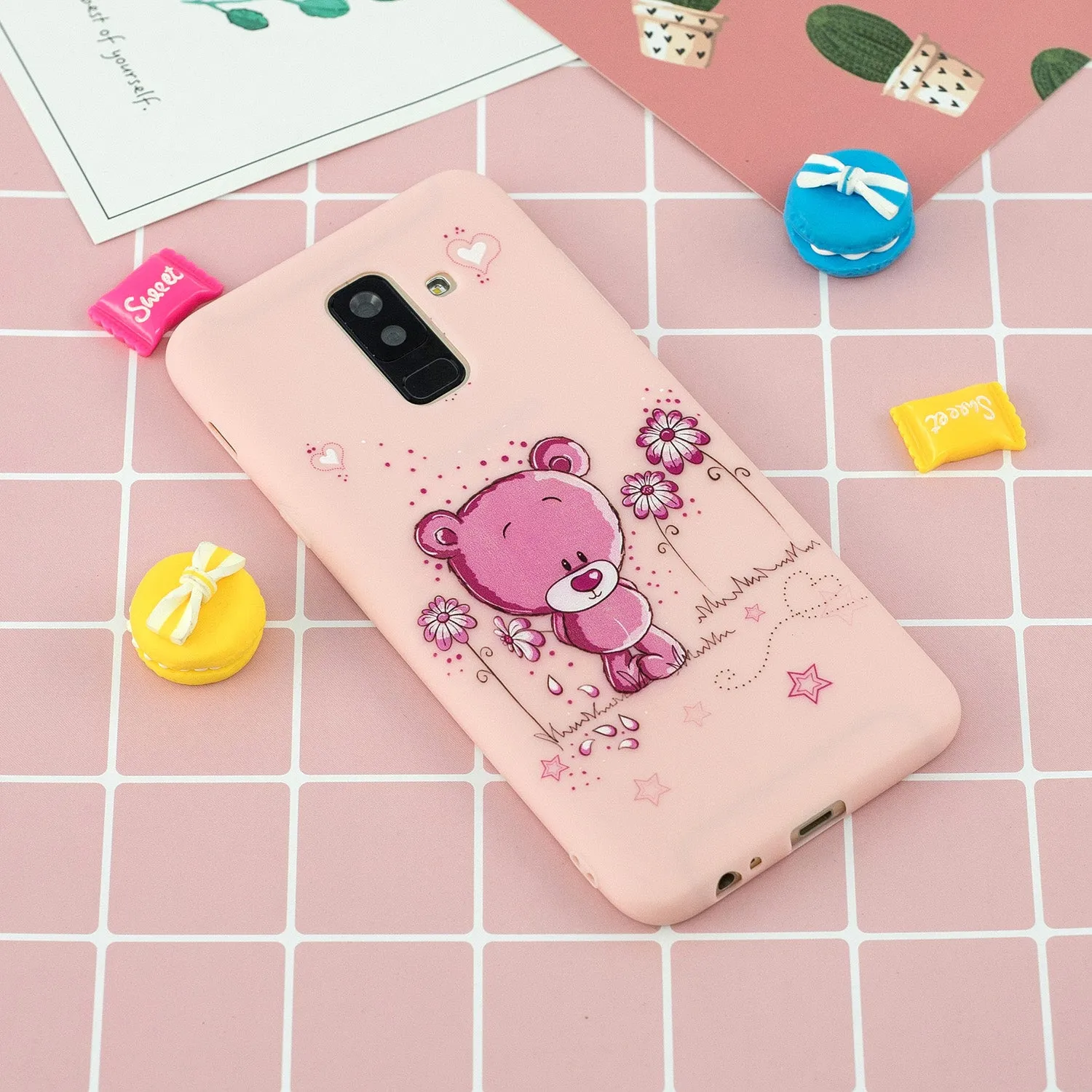 For Samsung A6 plus 2018 Cute Coloured Painted TPU Anti-scratch Non-slip Protective Cover Back Case with Lanyard Light pink
