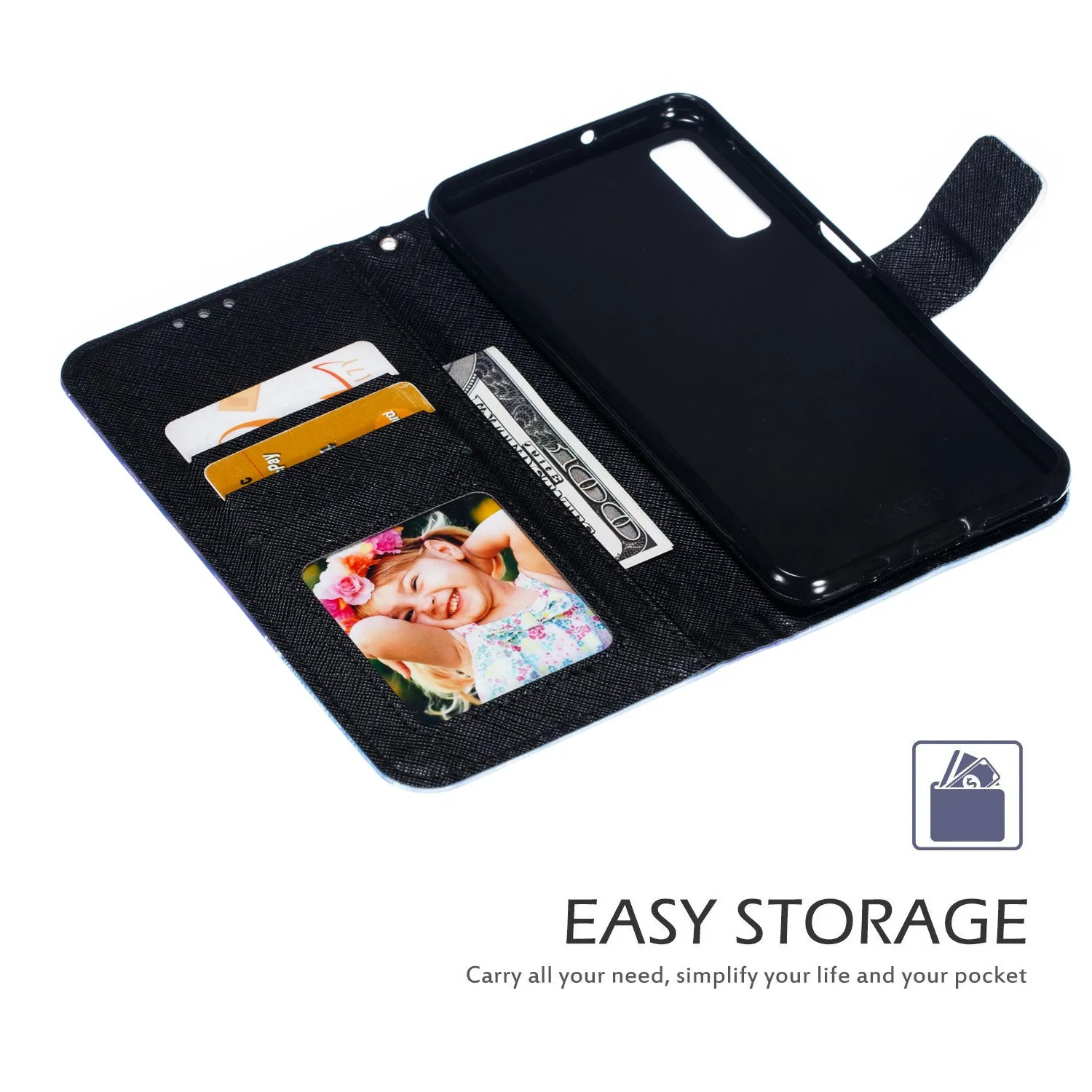 For Samsung A7 2018 3D Coloured Painted Leather Protective Phone Case with Button & Card Position & Lanyard Bicycle tower