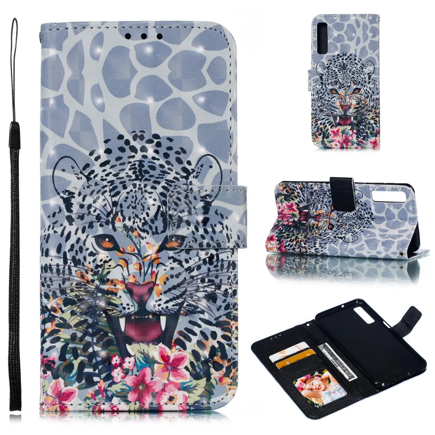 For Samsung A7 2018 3D Coloured Painted Leather Protective Phone Case with Button & Card Position & Lanyard Bicycle tower