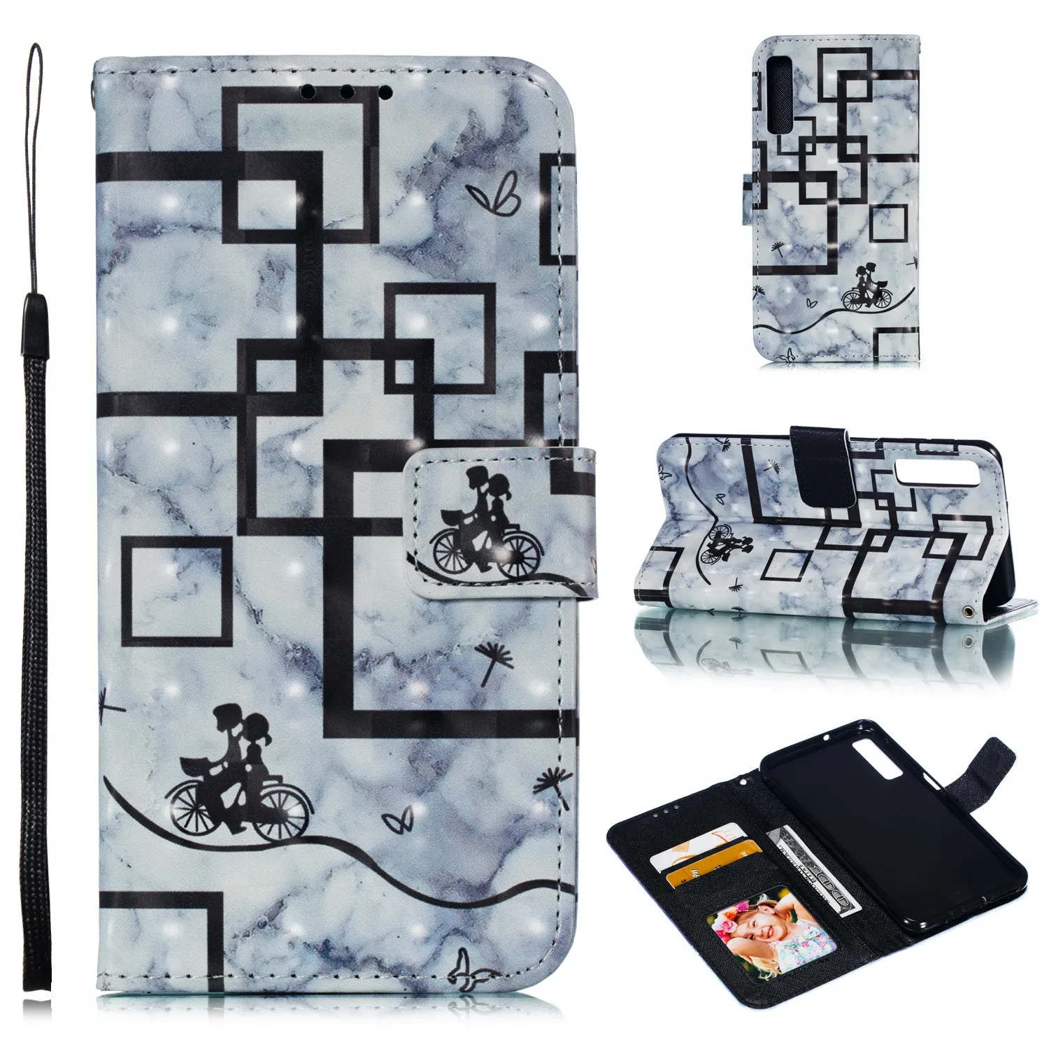 For Samsung A7 2018 3D Coloured Painted Leather Protective Phone Case with Button & Card Position & Lanyard Bicycle tower