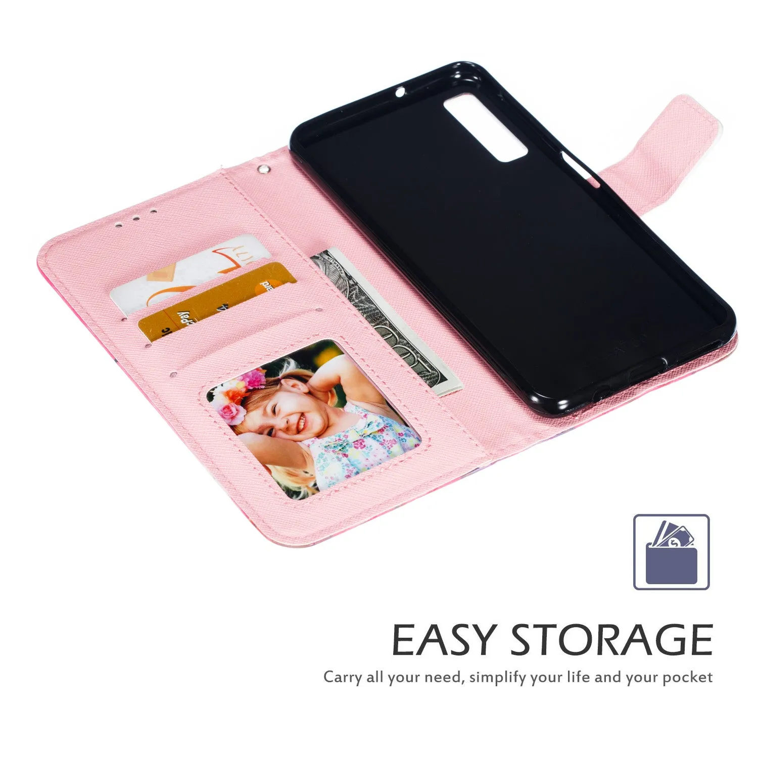 For Samsung A7 2018 3D Coloured Painted Leather Protective Phone Case with Button & Card Position & Lanyard Bicycle tower