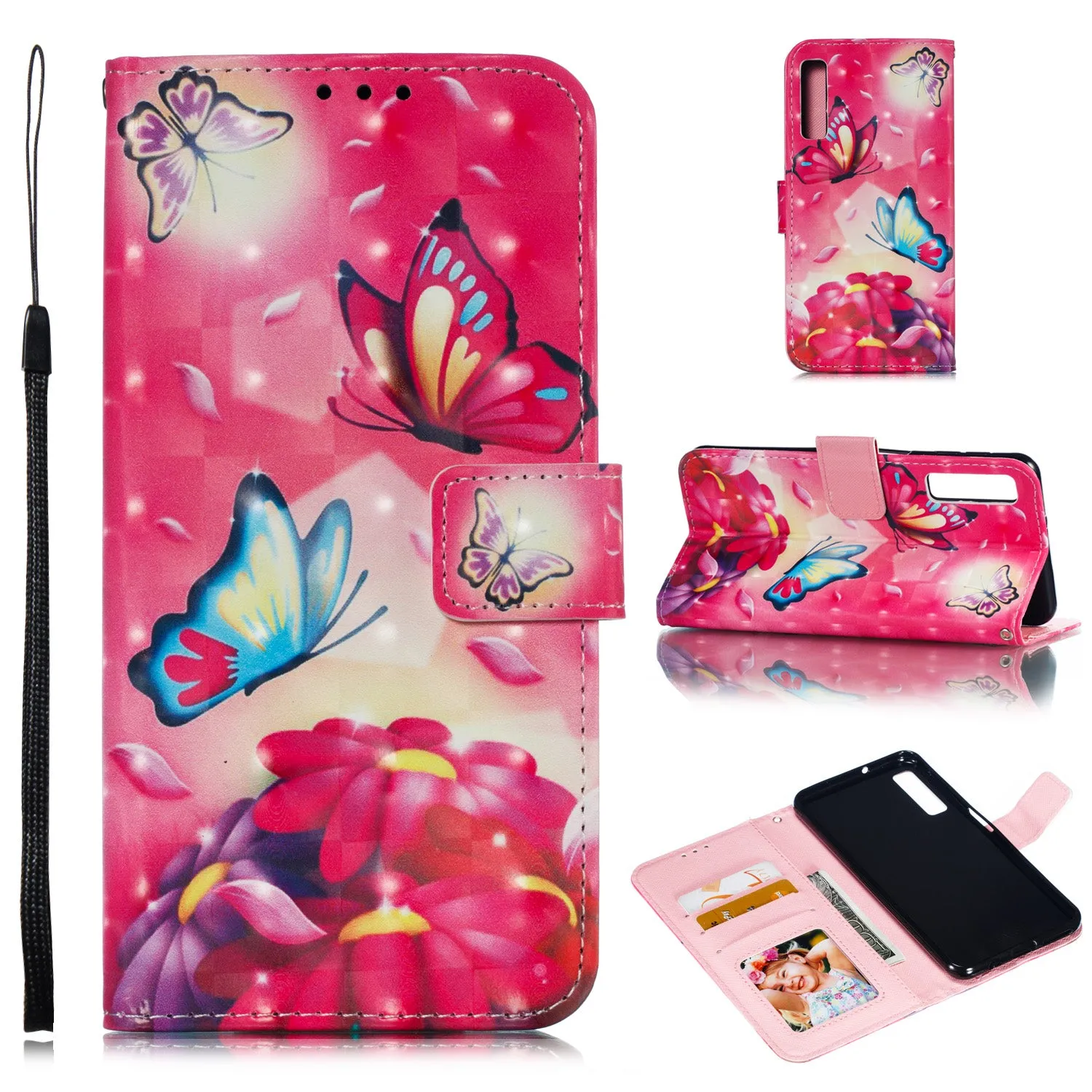 For Samsung A7 2018 3D Coloured Painted Leather Protective Phone Case with Button & Card Position & Lanyard Butterfly elephant