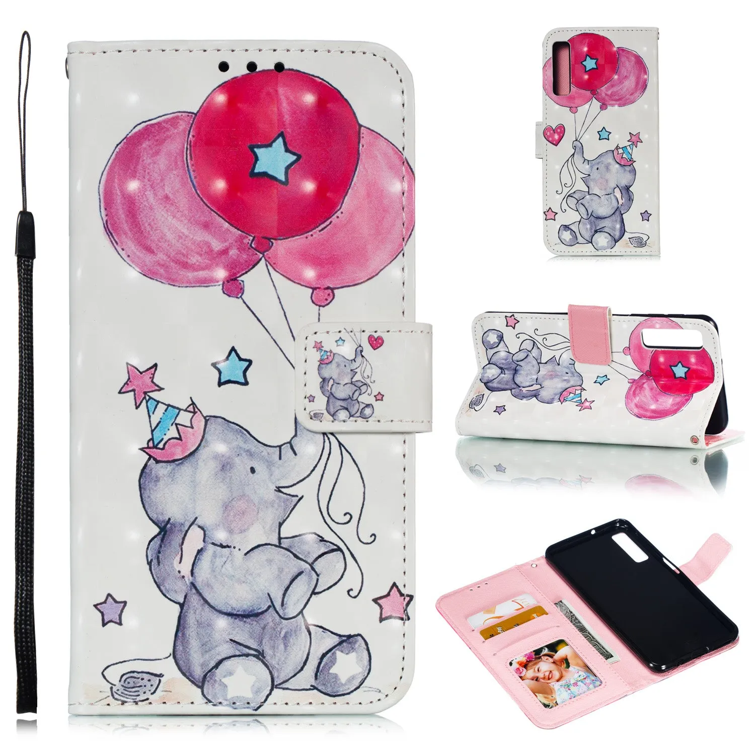 For Samsung A7 2018 3D Coloured Painted Leather Protective Phone Case with Button & Card Position & Lanyard Butterfly elephant