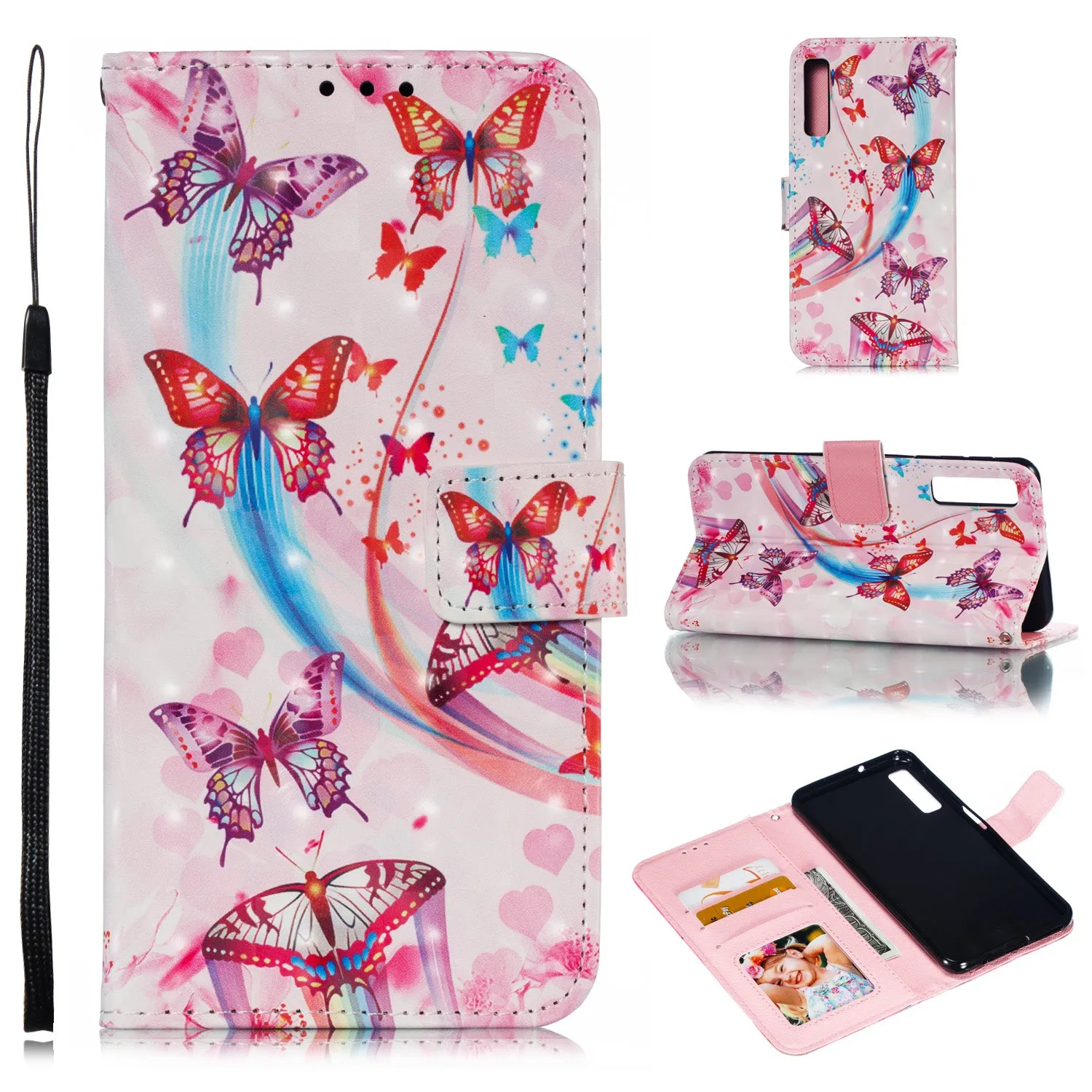 For Samsung A7 2018 3D Coloured Painted Leather Protective Phone Case with Button & Card Position & Lanyard Butterfly elephant