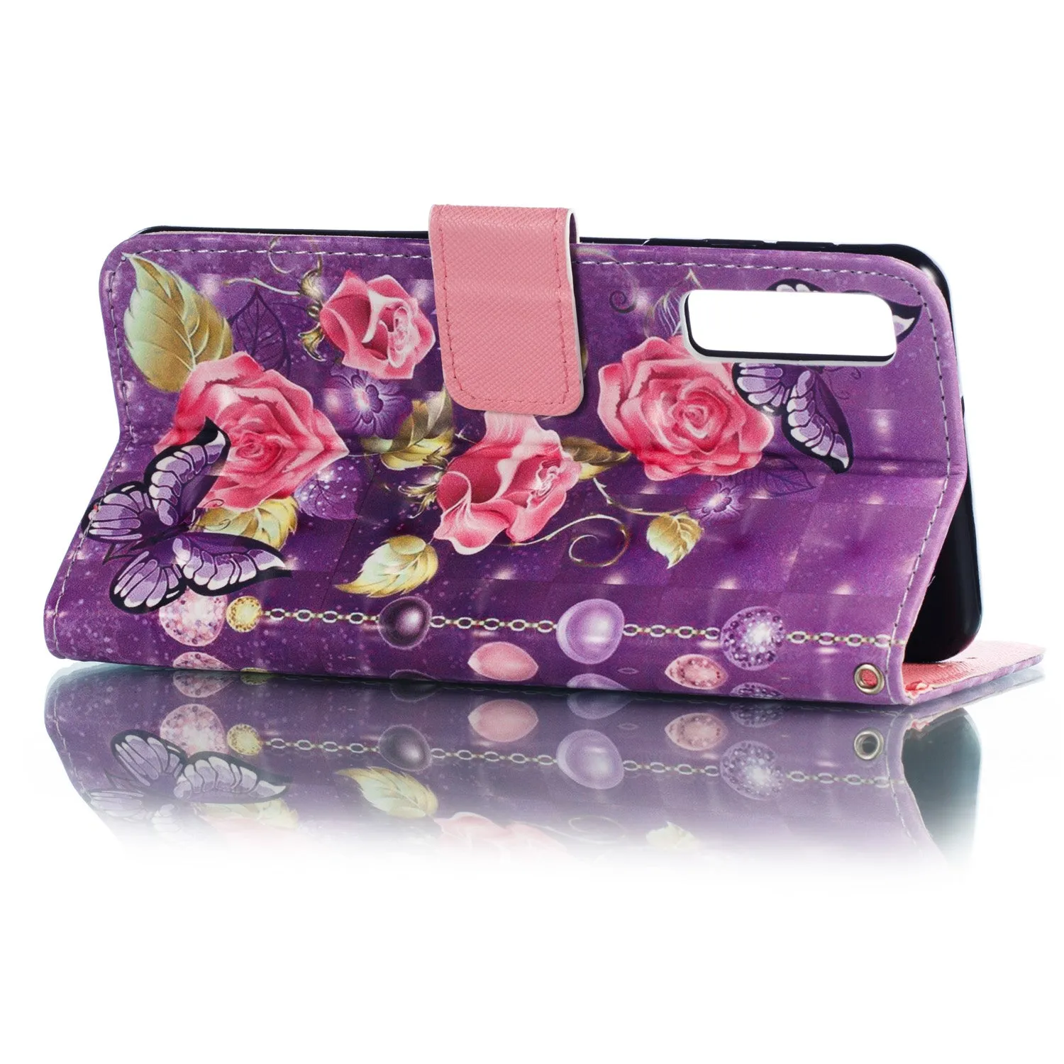 For Samsung A7 2018 3D Coloured Painted Leather Protective Phone Case with Button & Card Position & Lanyard purple flower