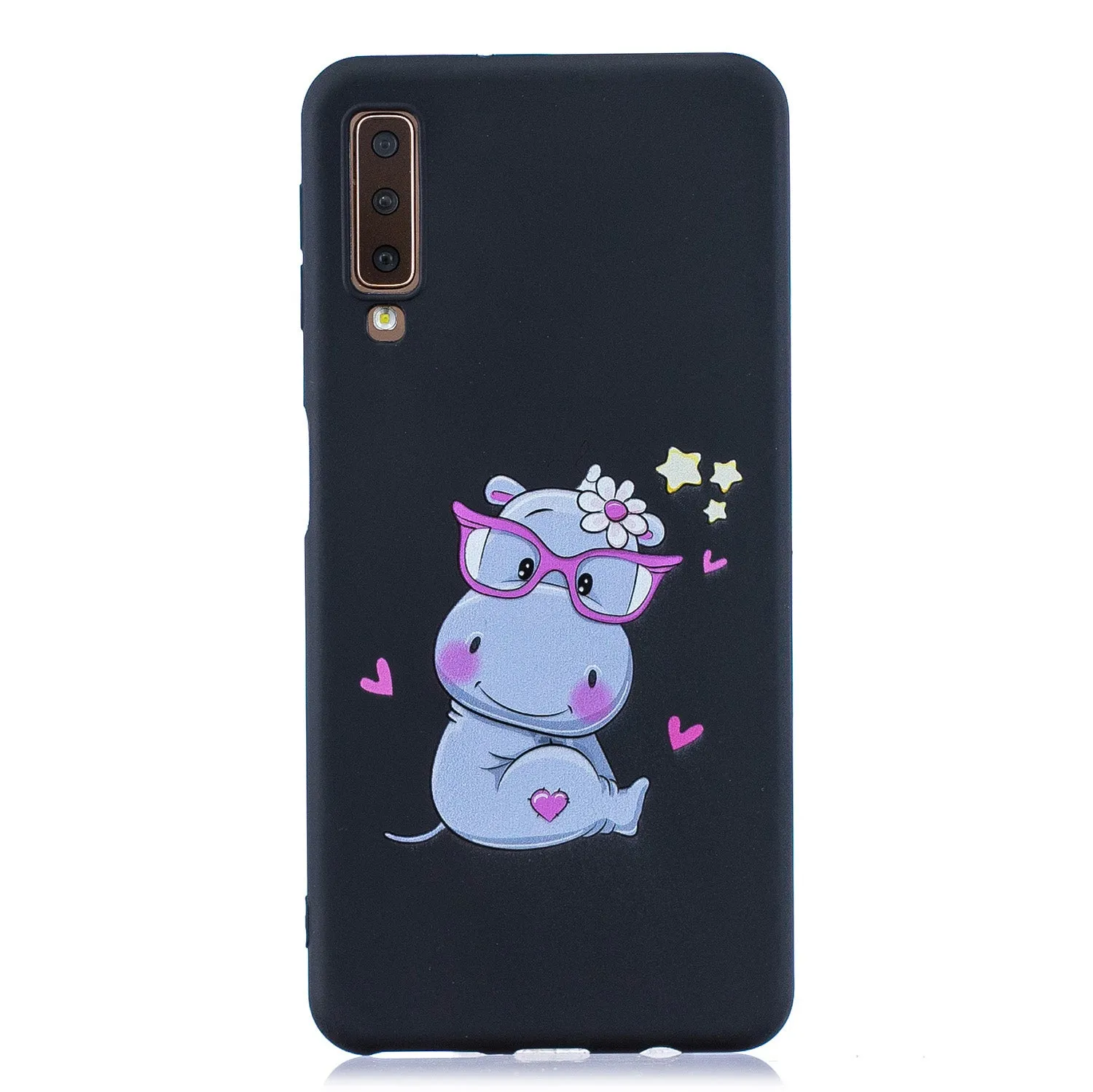 For Samsung A7 2018 Cartoon Lovely Coloured Painted Soft TPU Back Cover Non-slip Shockproof Full Protective Case with Lanyard black