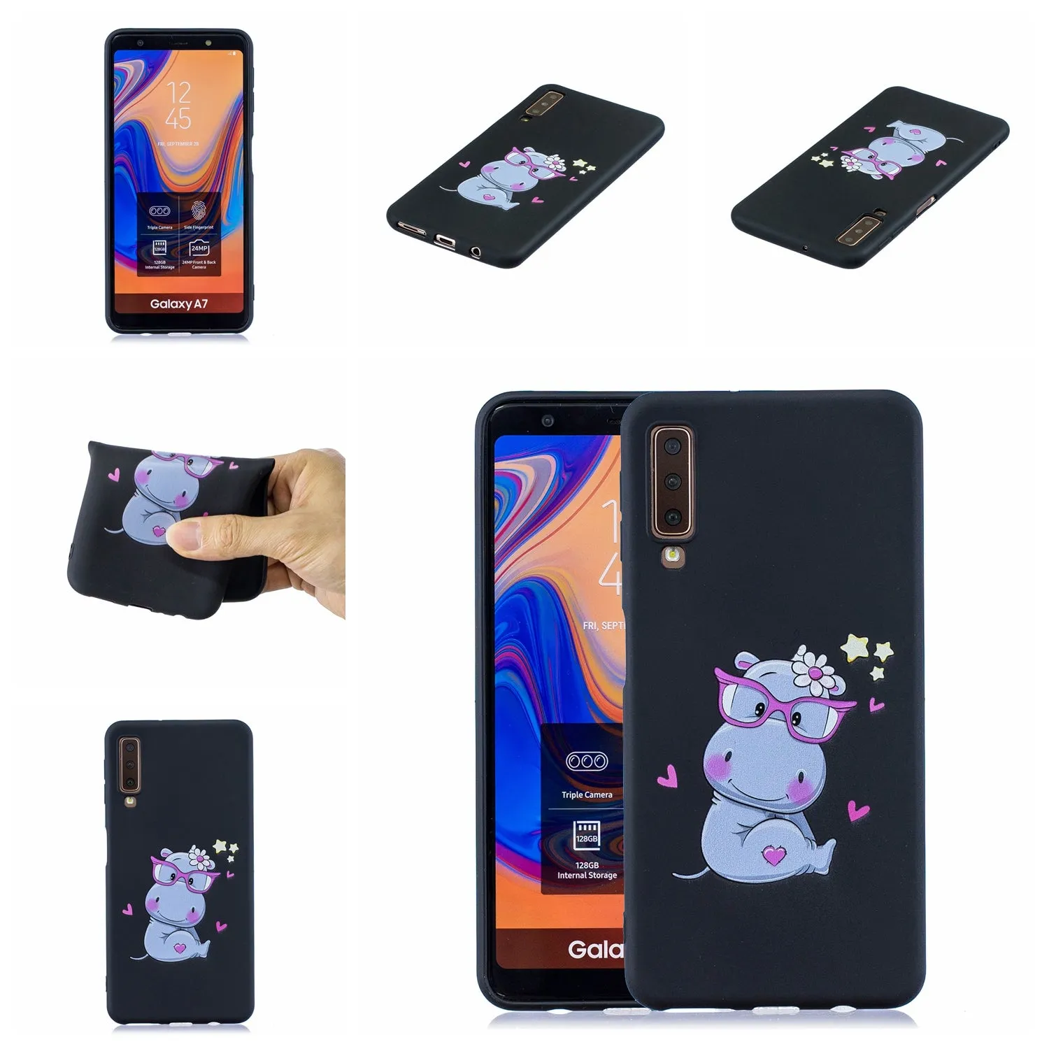 For Samsung A7 2018 Cartoon Lovely Coloured Painted Soft TPU Back Cover Non-slip Shockproof Full Protective Case with Lanyard red