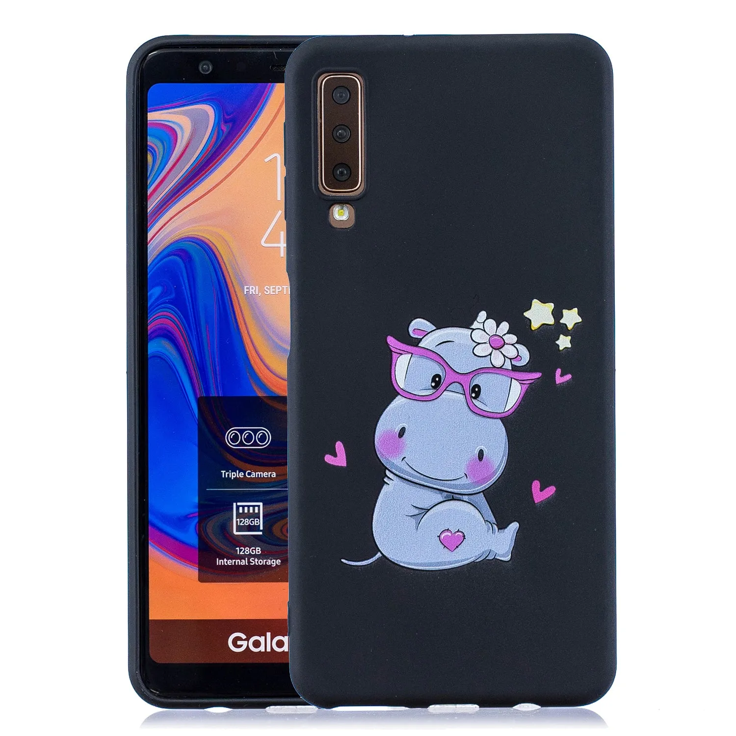For Samsung A7 2018 Cartoon Lovely Coloured Painted Soft TPU Back Cover Non-slip Shockproof Full Protective Case with Lanyard red