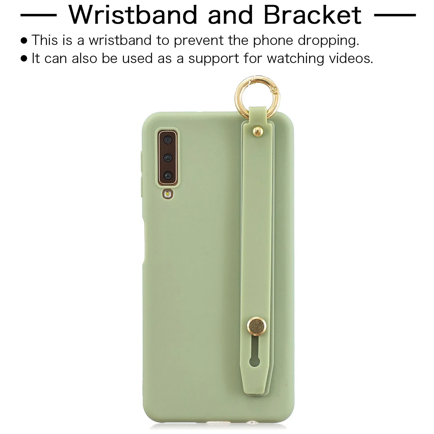 For Samsung A7 2018 Simple Solid Color Chic Wrist Rope Bracket Matte TPU Anti-scratch Non-slip Protective Cover Back Case 10 beans green