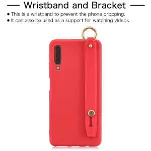For Samsung A7 2018 Simple Solid Color Chic Wrist Rope Bracket Matte TPU Anti-scratch Non-slip Protective Cover Back Case 4 red