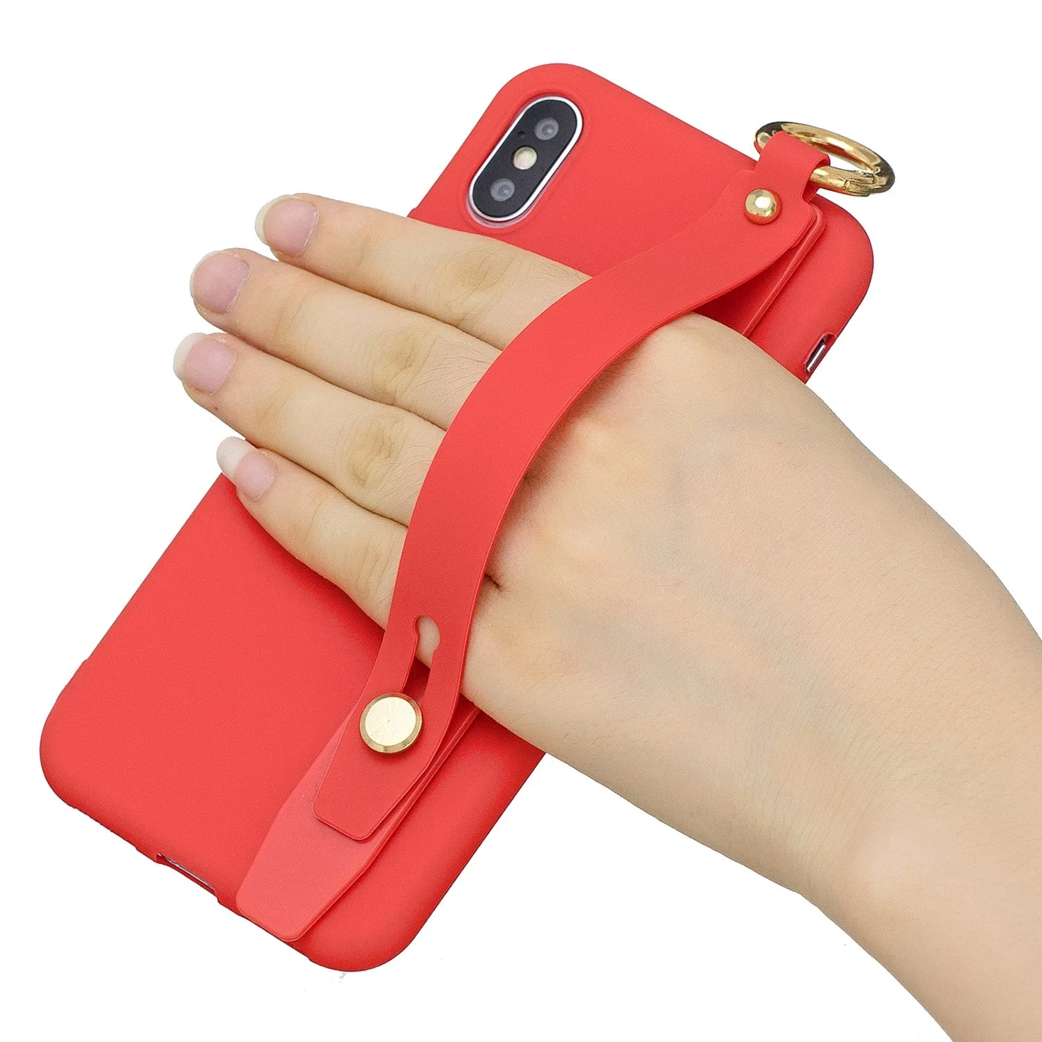 For Samsung A7 2018 Simple Solid Color Chic Wrist Rope Bracket Matte TPU Anti-scratch Non-slip Protective Cover Back Case 4 red