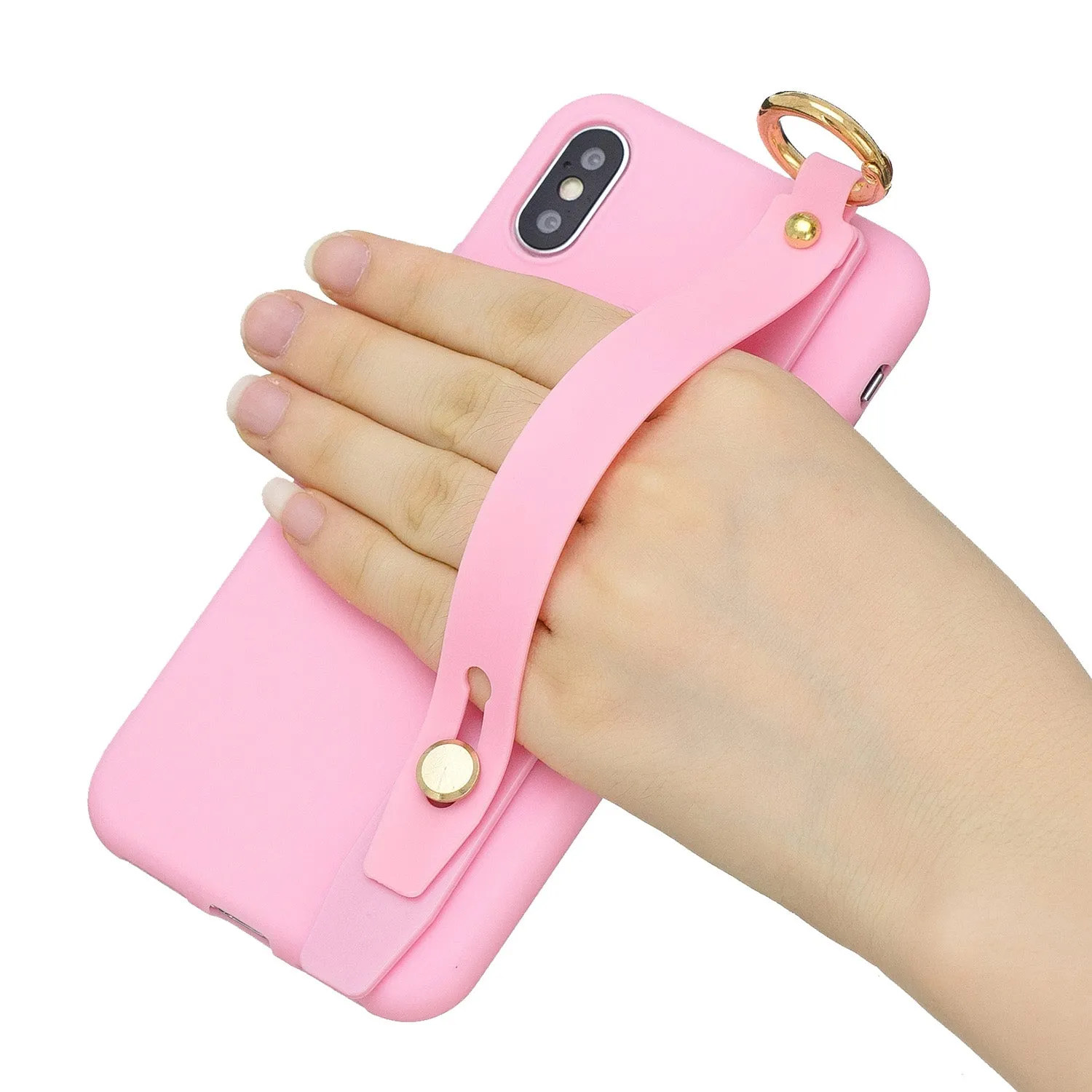 For Samsung A7 2018 Simple Solid Color Chic Wrist Rope Bracket Matte TPU Anti-scratch Non-slip Protective Cover Back Case 5 dark pink