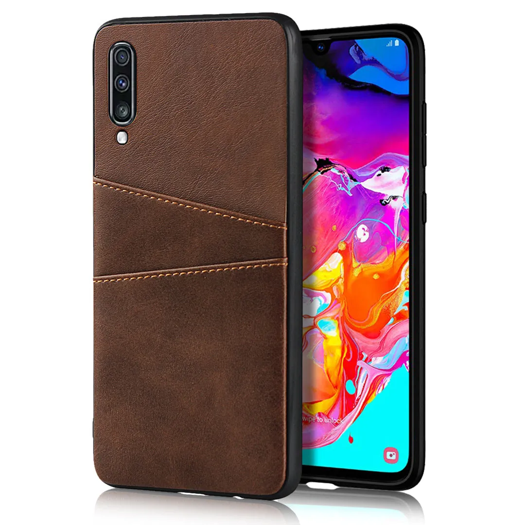 For Samsung A70 Cattlehide Grain PU Protective Case Back Cover with 2 Cards Pockets black