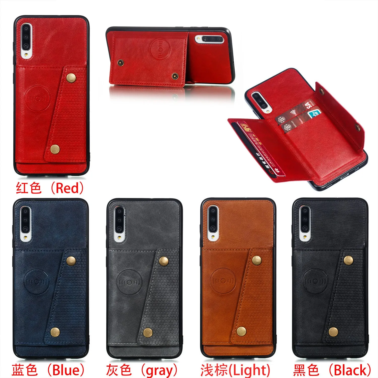 For Samsung A70 Double Buckle Non-slip Shockproof Cell Phone Case with Card Slot Bracket blue