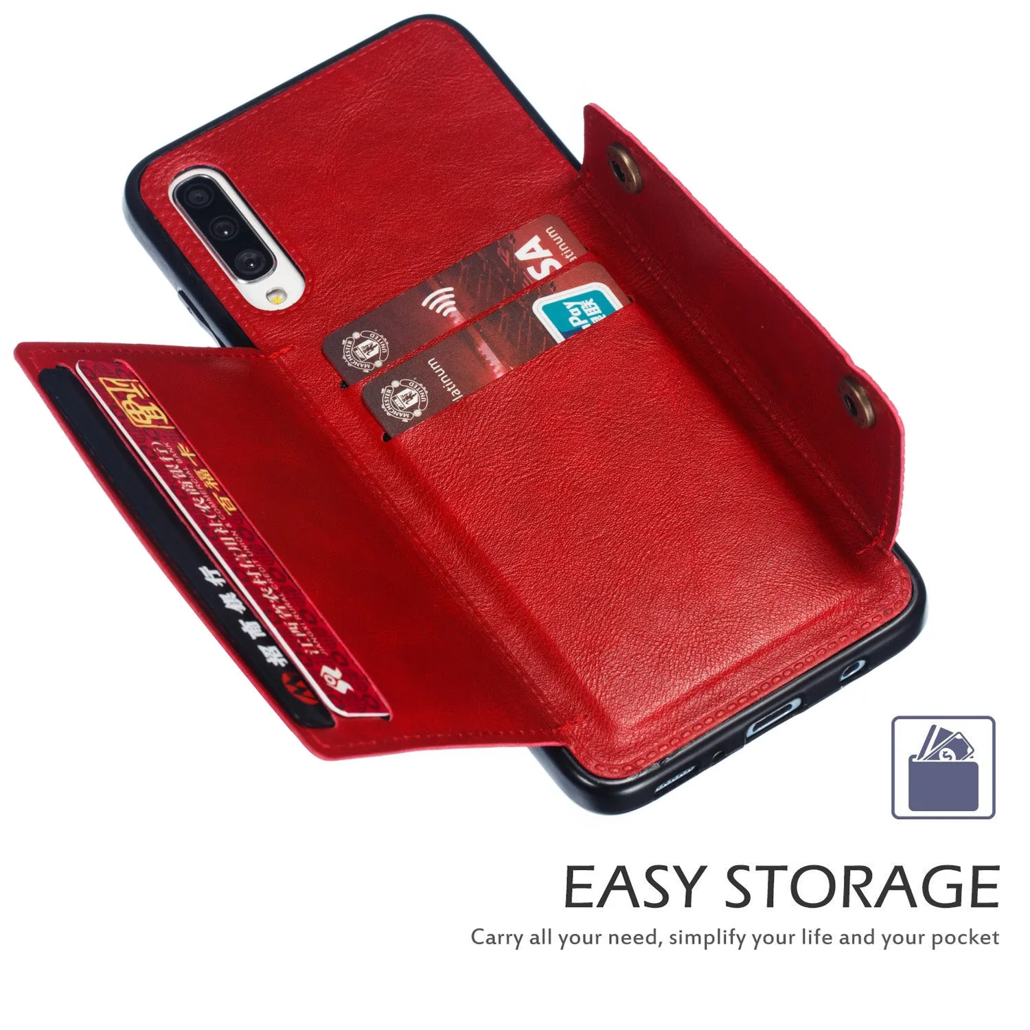 For Samsung A70 Double Buckle Non-slip Shockproof Cell Phone Case with Card Slot Bracket blue