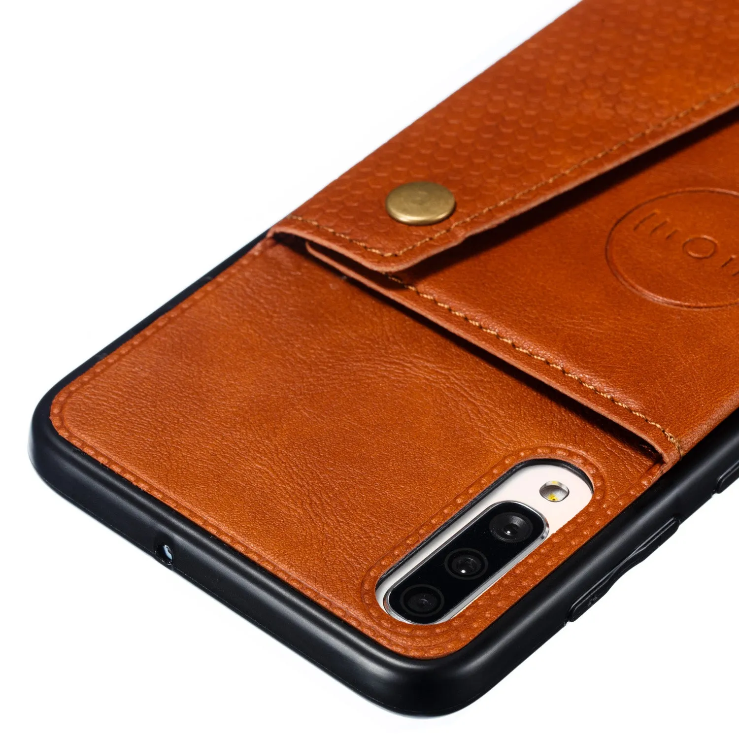 For Samsung A70 Double Buckle Non-slip Shockproof Cell Phone Case with Card Slot Bracket Light Brown