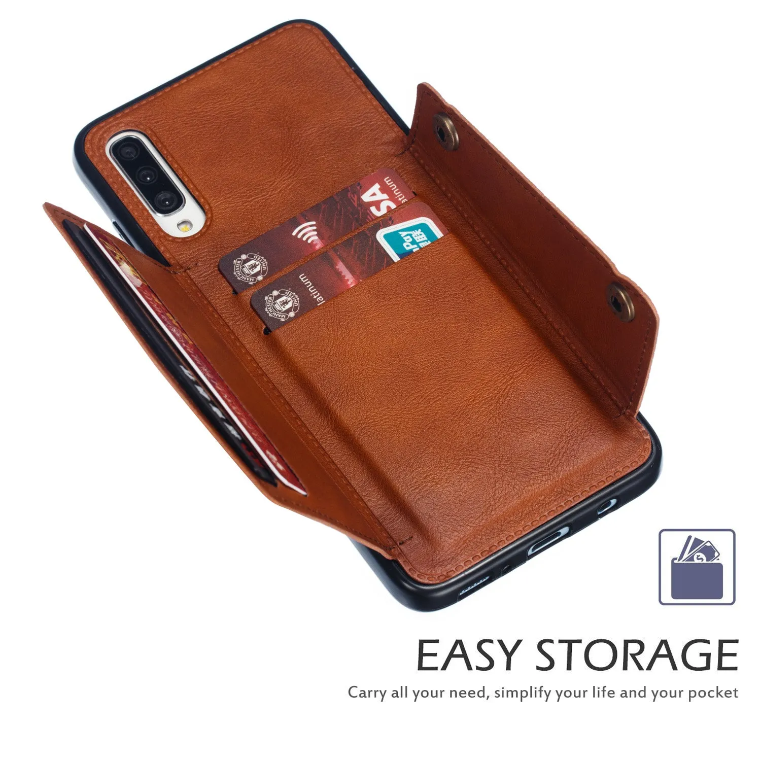 For Samsung A70 Double Buckle Non-slip Shockproof Cell Phone Case with Card Slot Bracket Light Brown