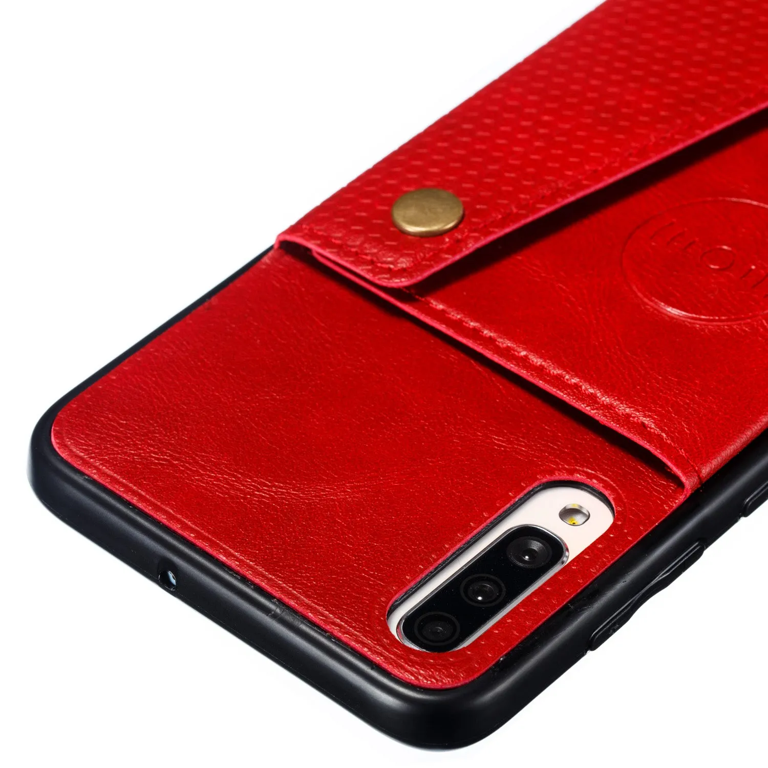 For Samsung A70 Double Buckle Non-slip Shockproof Cell Phone Case with Card Slot Bracket Light Brown